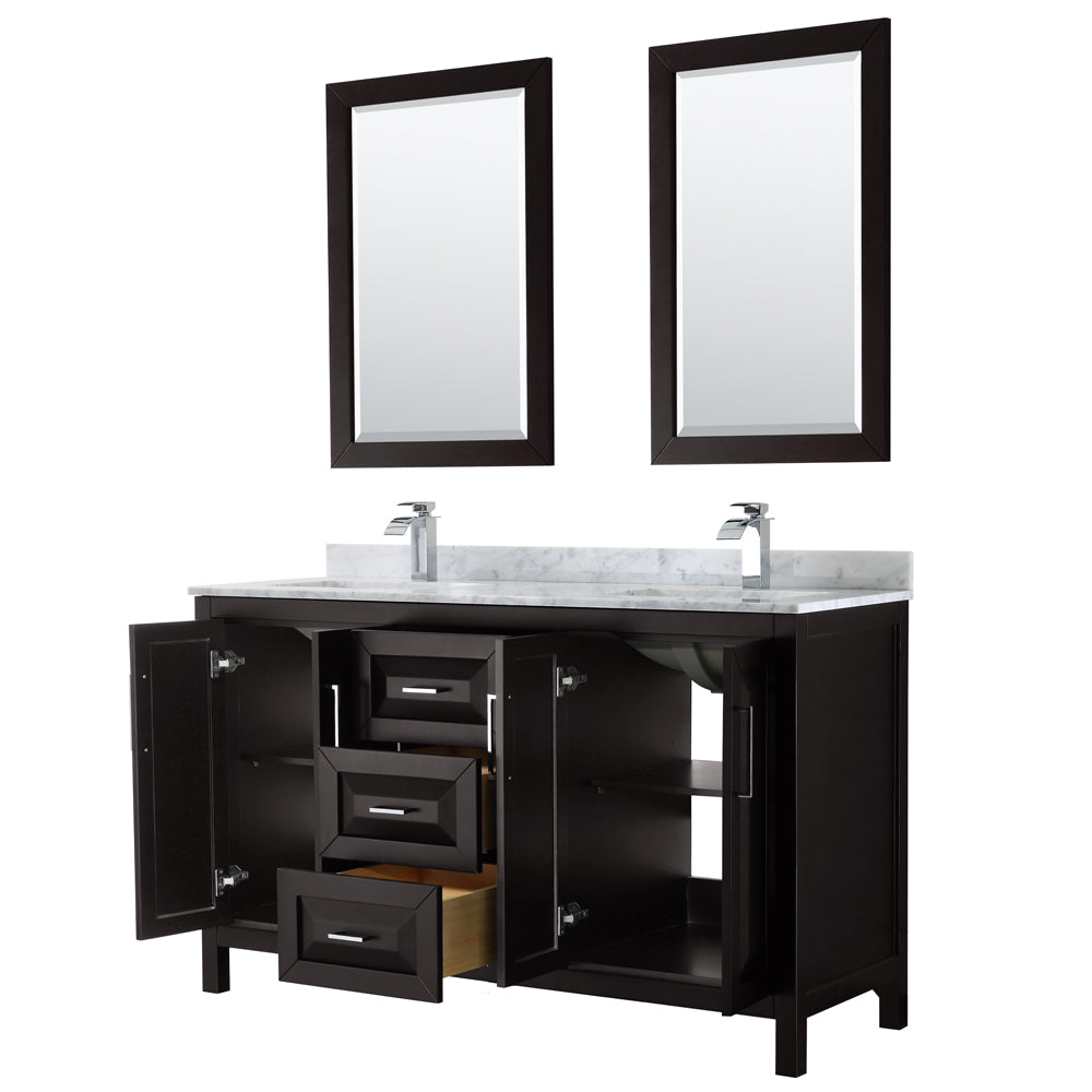 Daria 60" Double Vanity in Dark Espresso, Top, Square Sinks, 24" Mirrors