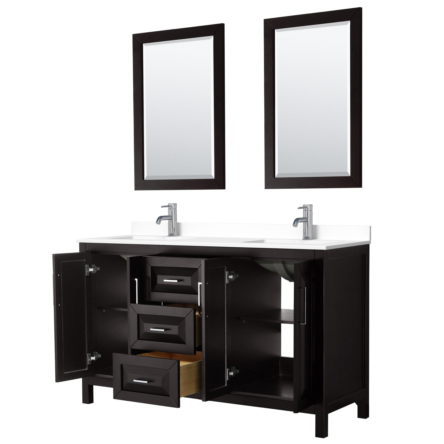 Daria 60" Double Vanity in Dark Espresso, White Cultured Marble Top, 24" Mirrors