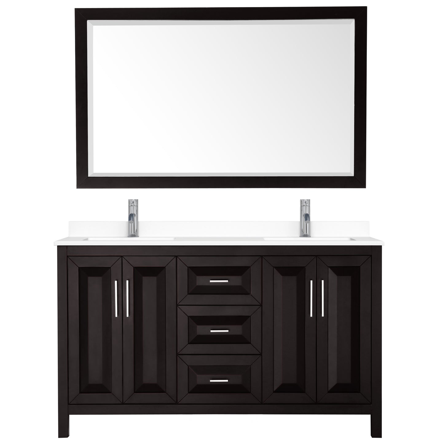 Daria 60" Double Vanity in Dark Espresso, White Cultured Marble Top, 58" Mirror