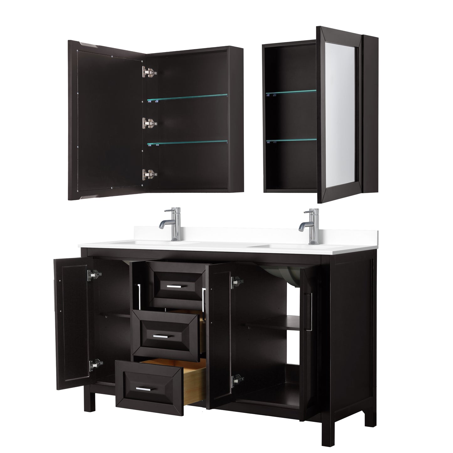Daria 60" Espresso Double Vanity, White Cultured Marble Top, Medicine Cabinets