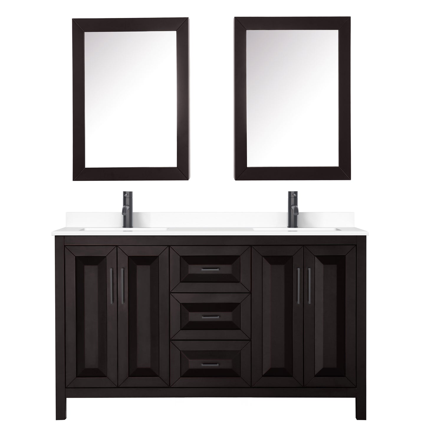 Daria 60" Espresso Double Vanity, White Marble Top, Trim, Medicine Cabinets