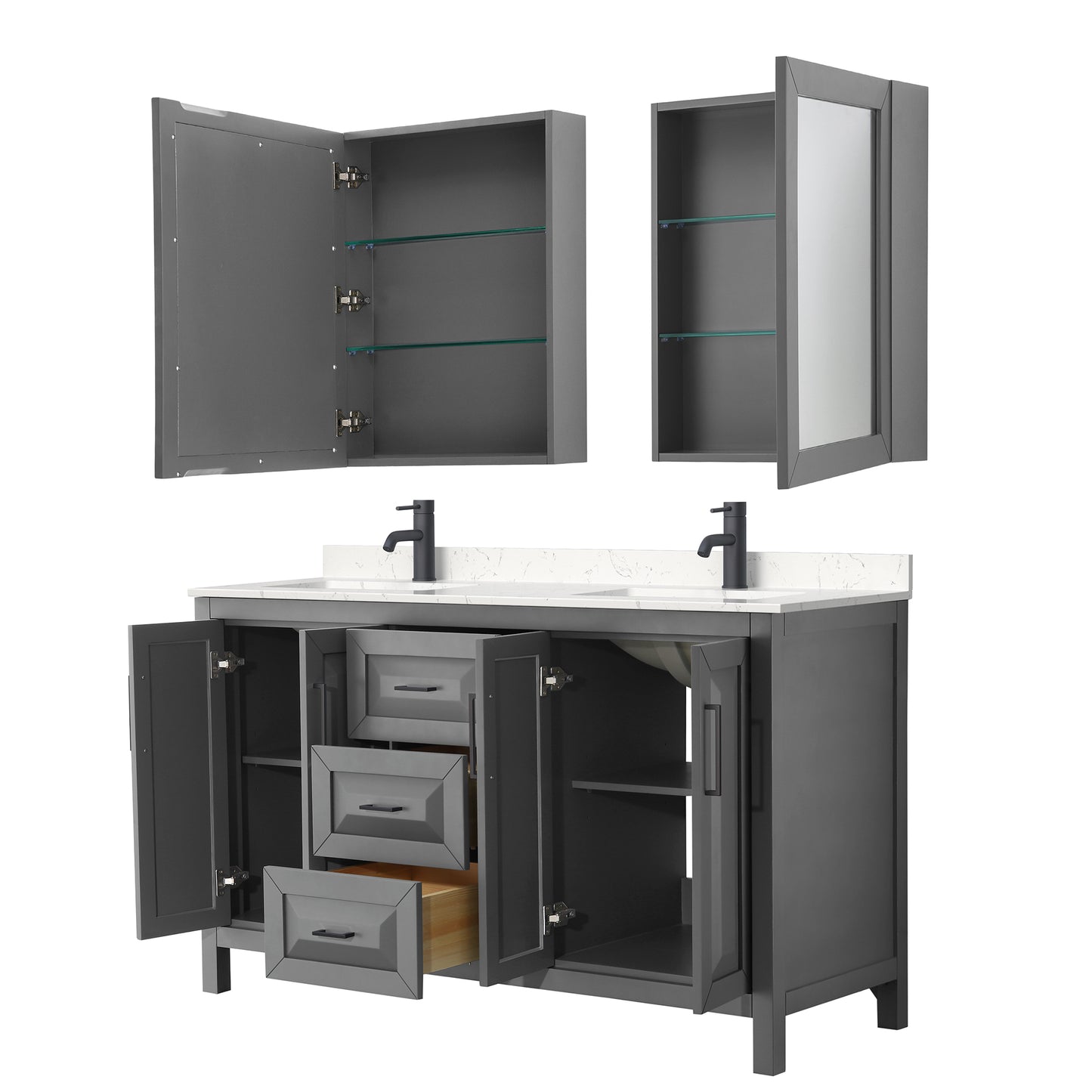 Daria 60" Gray Double Vanity, Carrara Marble Top, Black Trim, Medicine Cabinets