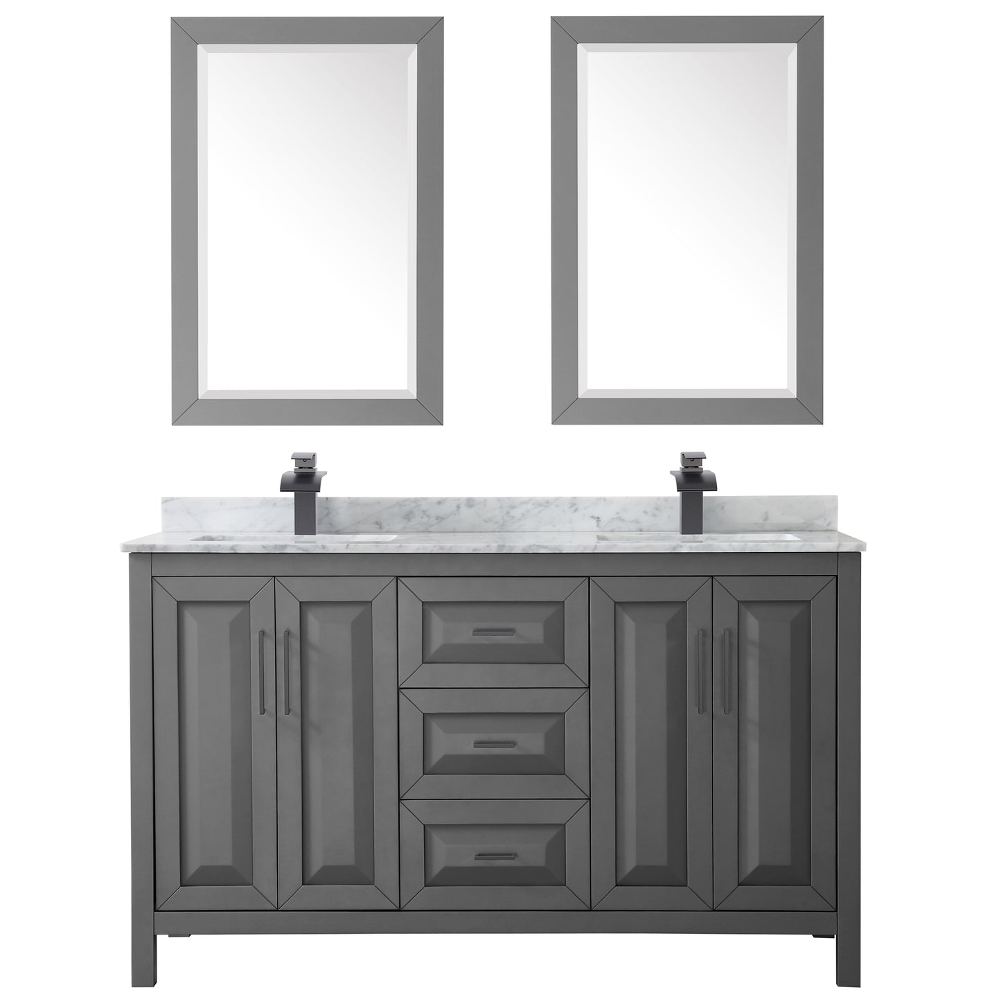 Daria 60" Double Vanity in Dark Gray, Top, Square Matte Black Trim, 24" Mirrors
