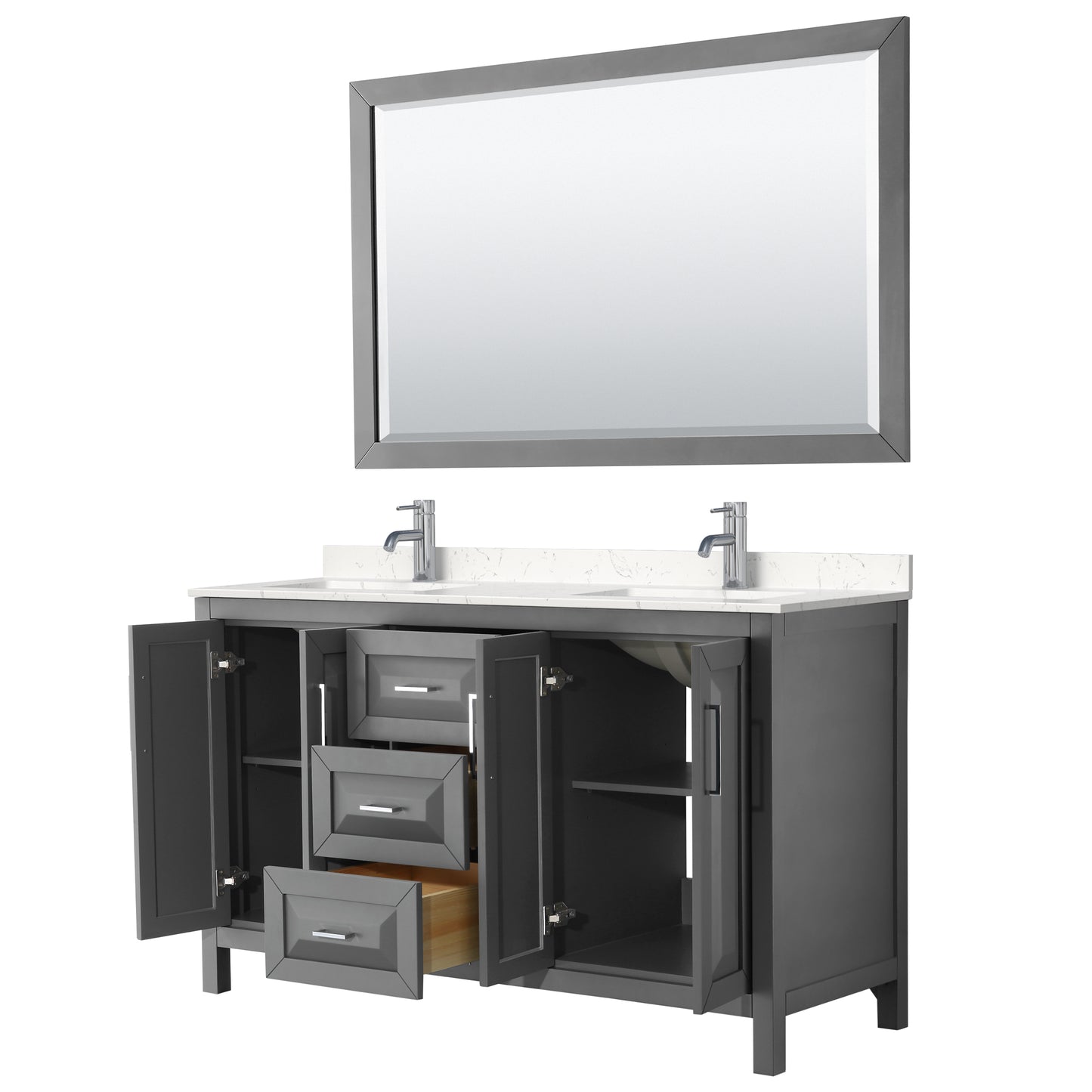 Daria 60" Double Vanity in Dark Gray, Carrara Cultured Marble Top, 58" Mirror