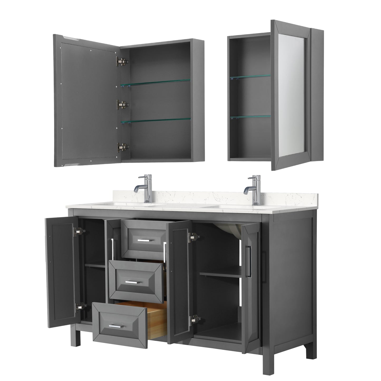 Daria 60" Double Vanity in Gray, Carrara Cultured Marble Top, Medicine Cabinets