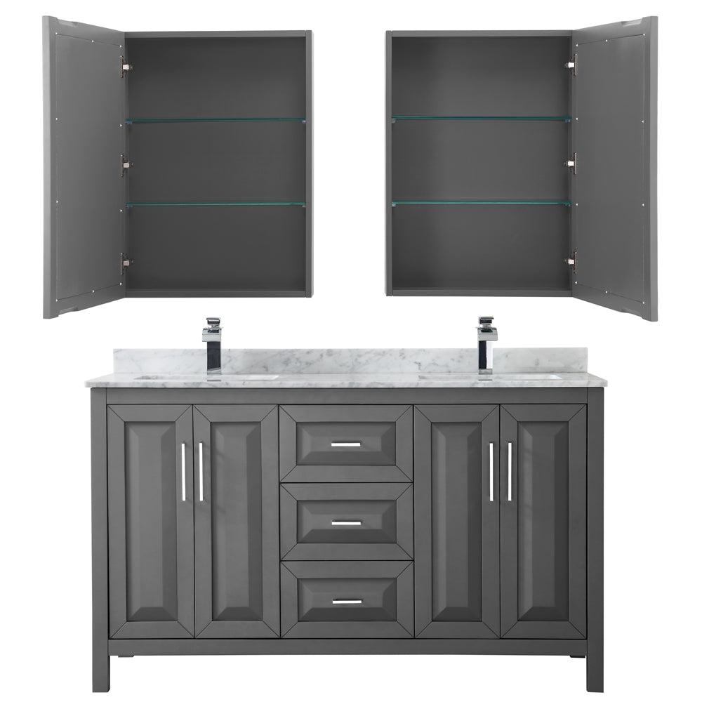 Daria 60" Double Vanity in Dark Gray, Top, Square Sinks, Medicine Cabinets