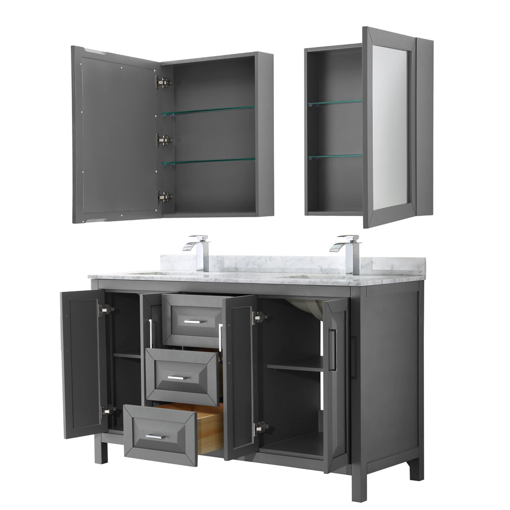 Daria 60" Double Vanity in Dark Gray, Top, Square Sinks, Medicine Cabinets