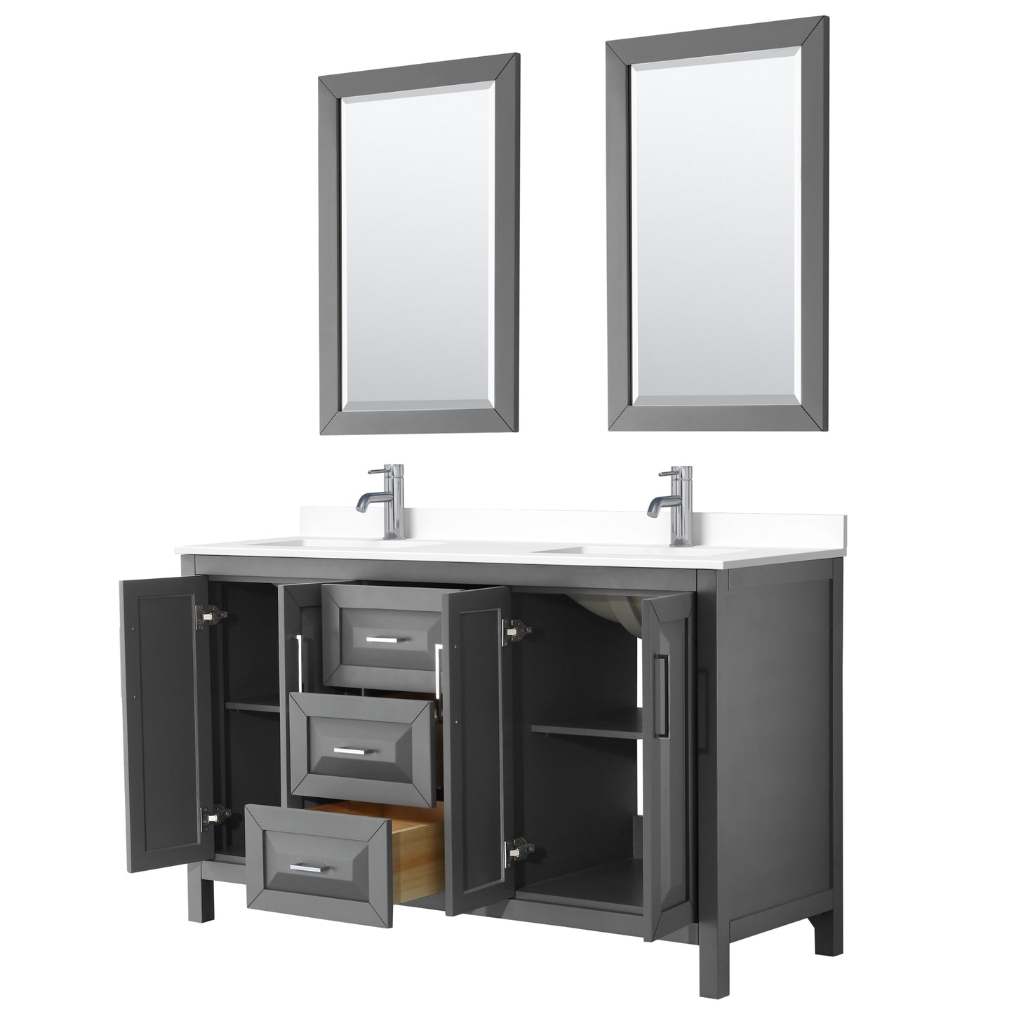 Daria 60" Double Vanity in Dark Gray, White Cultured Marble Top, 24" Mirrors