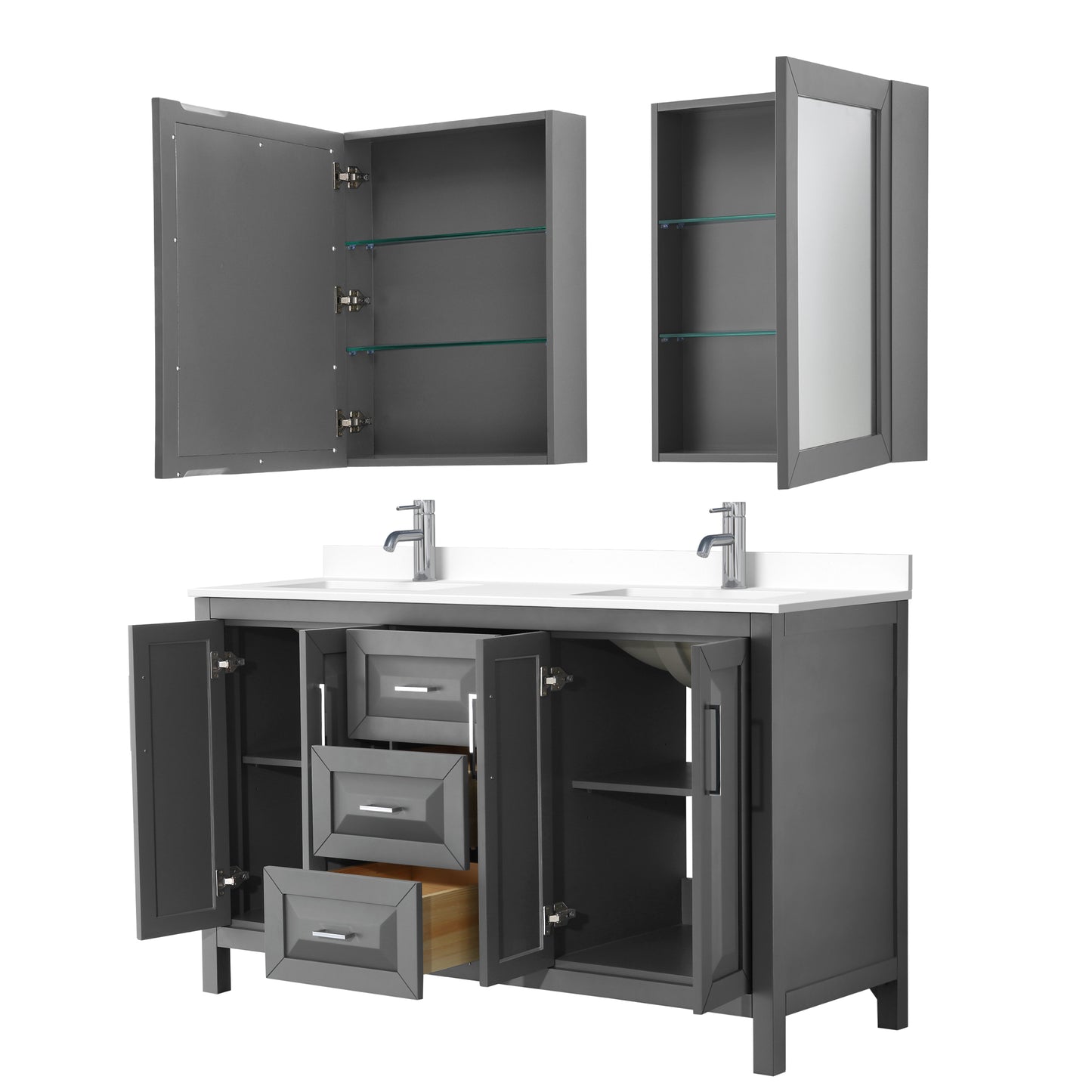 Daria 60" Double Vanity in Gray, White Cultured Marble Top, Medicine Cabinets