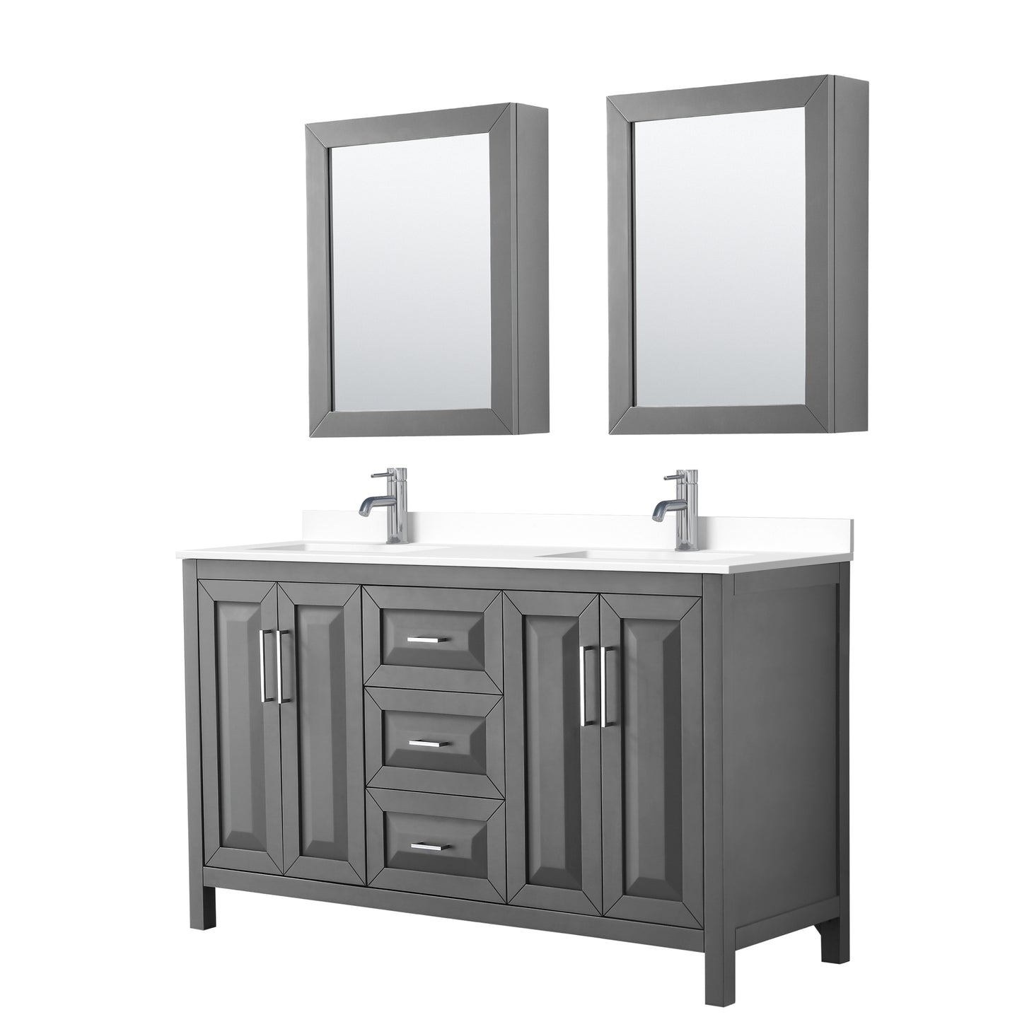 Daria 60" Double Vanity in Gray, White Cultured Marble Top, Medicine Cabinets