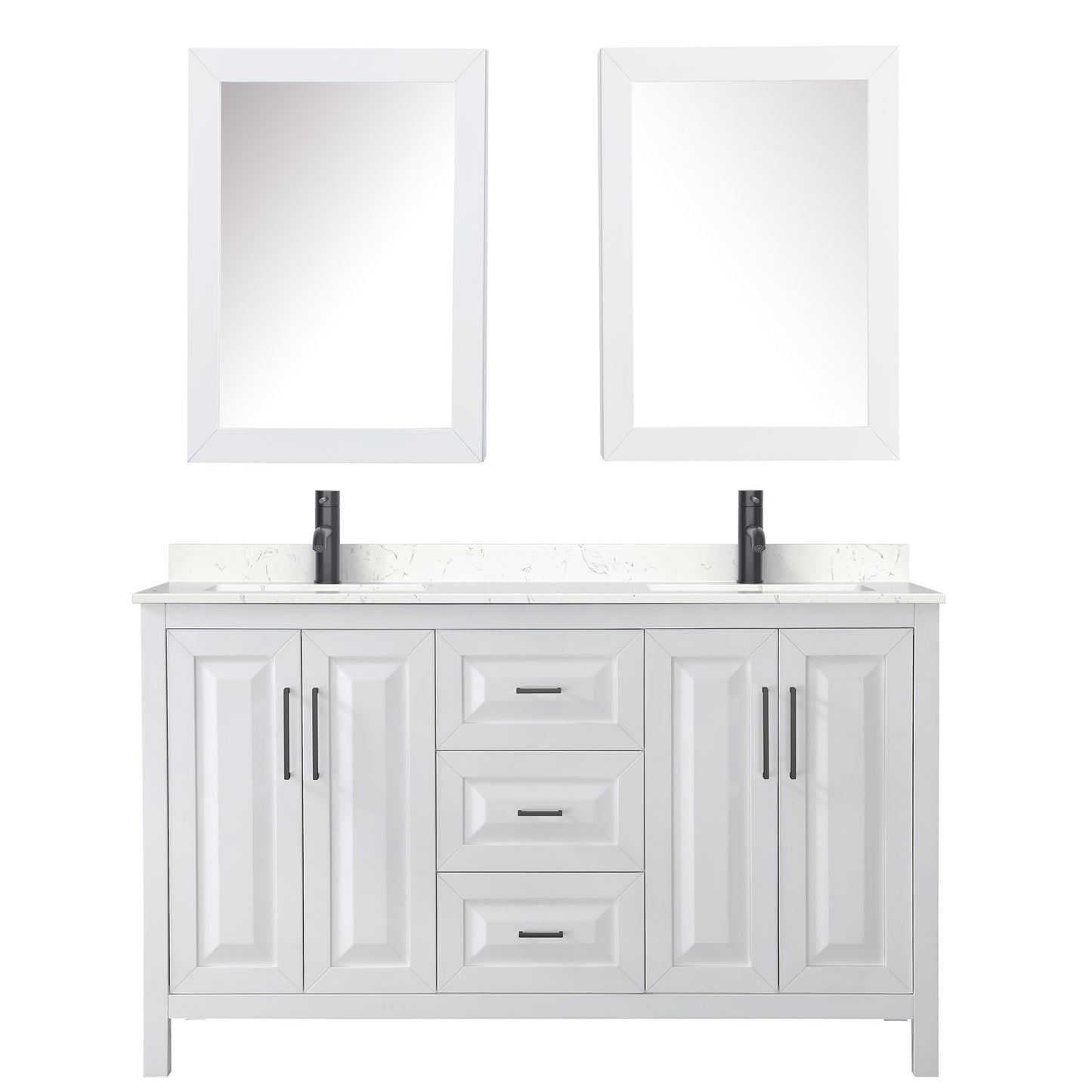 Daria 60" White Double Vanity, Carrara Marble Top, Black Trim, Medicine Cabinets