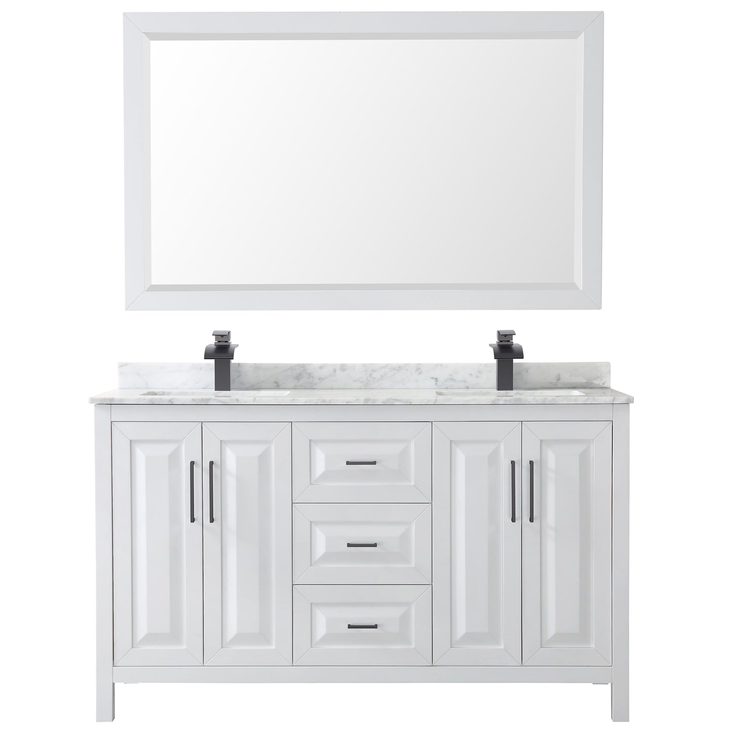 Daria 60" Double Vanity in White, Top, Square Matte Black Trim, 58" Mirror