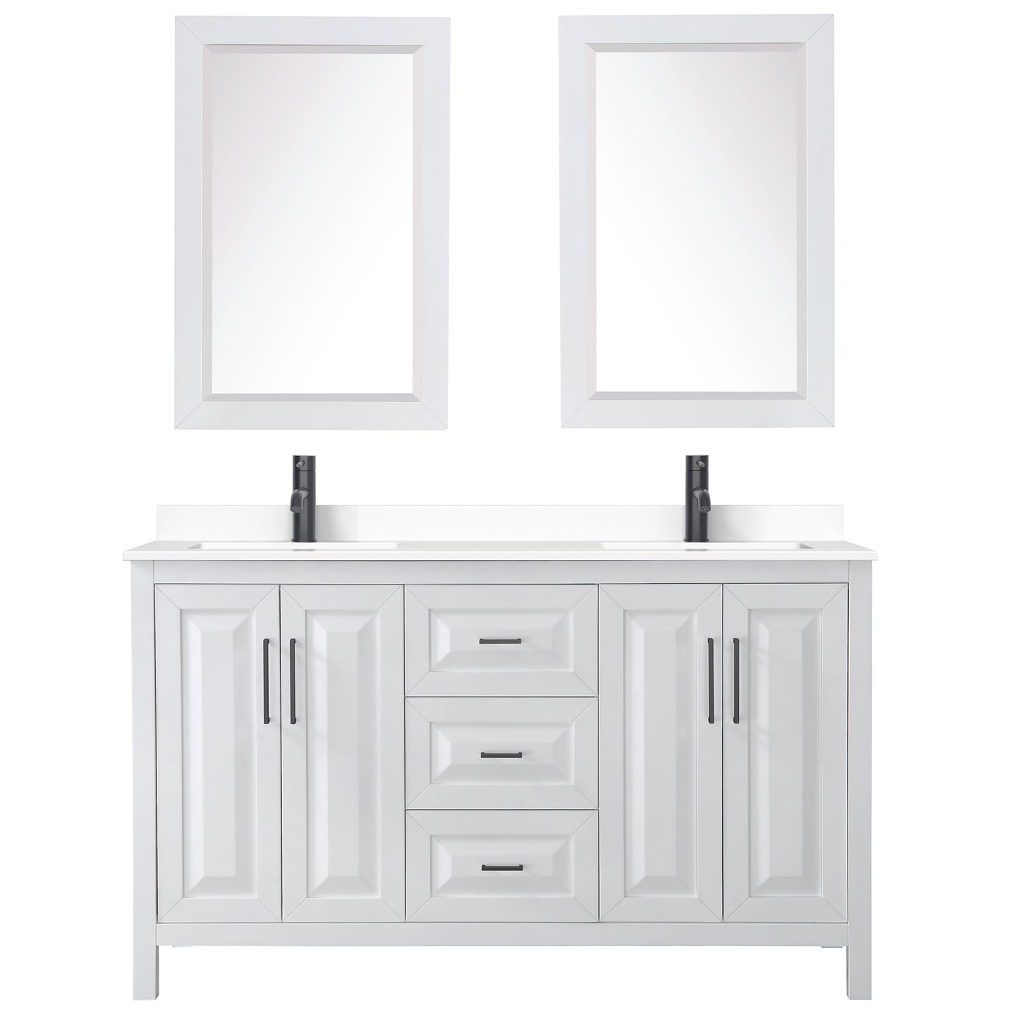 Daria 60" Double Vanity in White, White Marble Top, Black Trim, 24" Mirrors