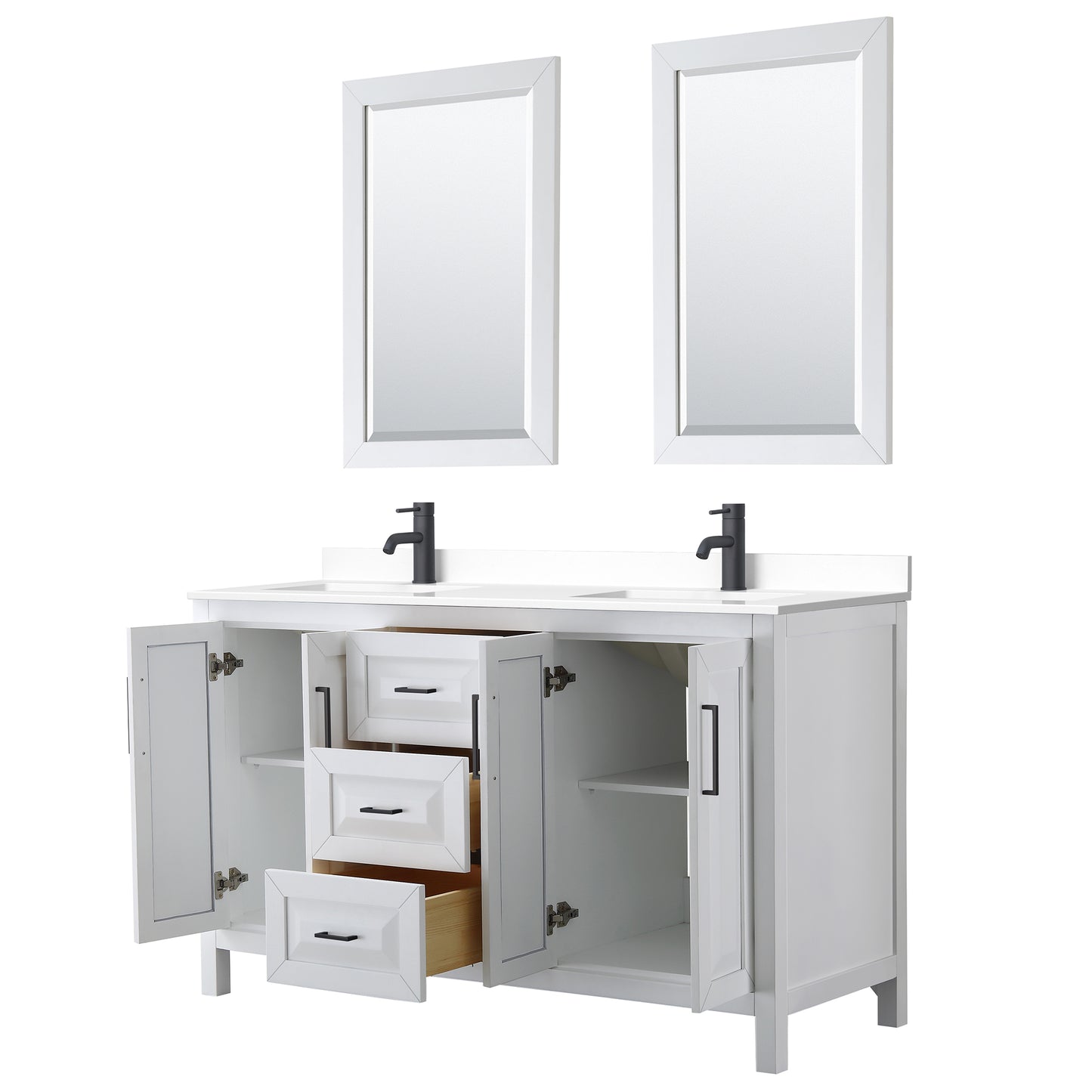 Daria 60" Double Vanity in White, White Marble Top, Black Trim, 24" Mirrors