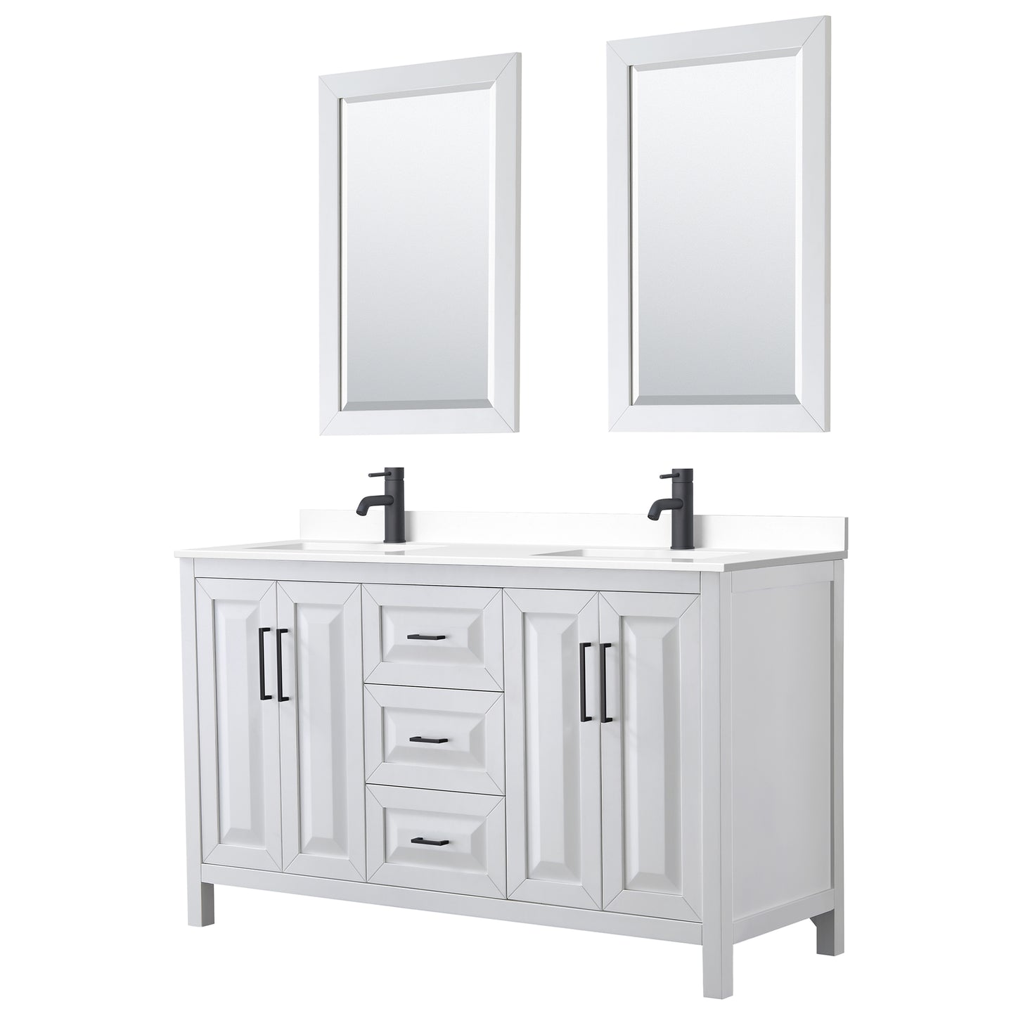 Daria 60" Double Vanity in White, White Marble Top, Black Trim, 24" Mirrors