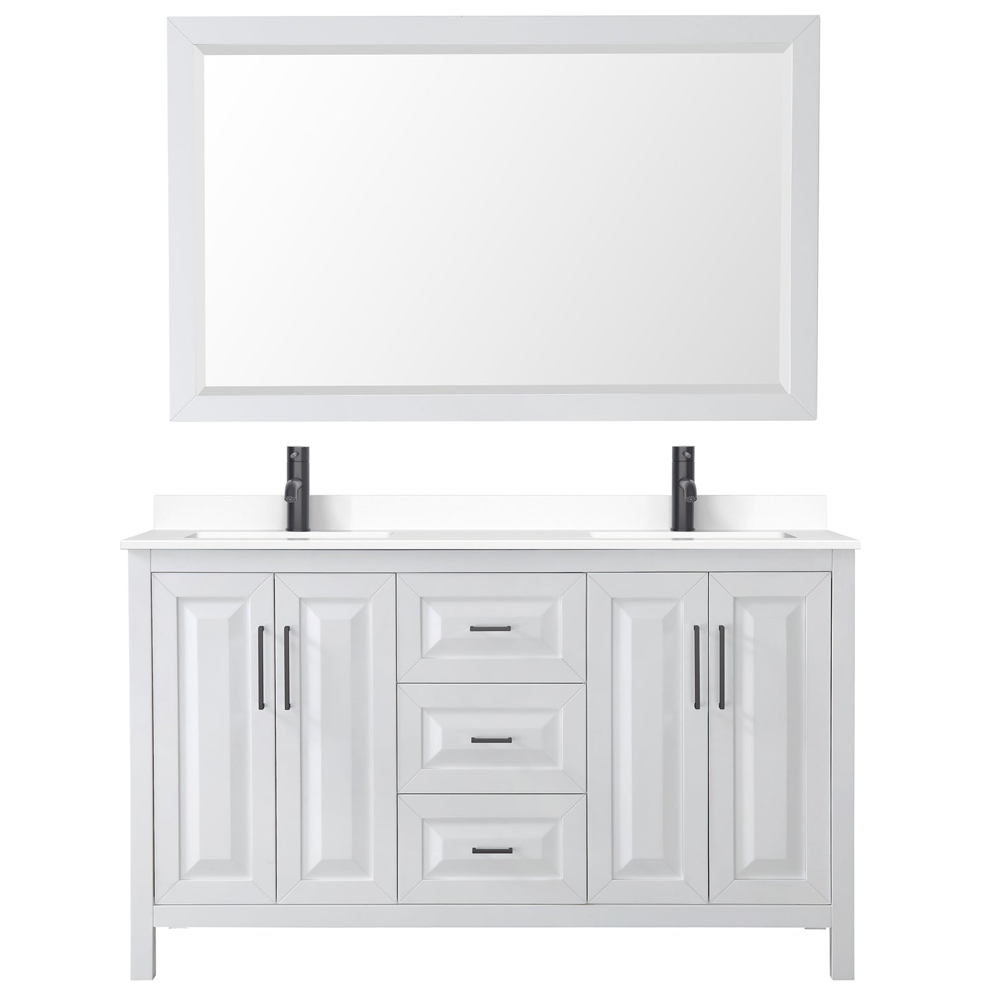 Daria 60" Double Vanity in White, White Marble Top, Black Trim, 58" Mirror