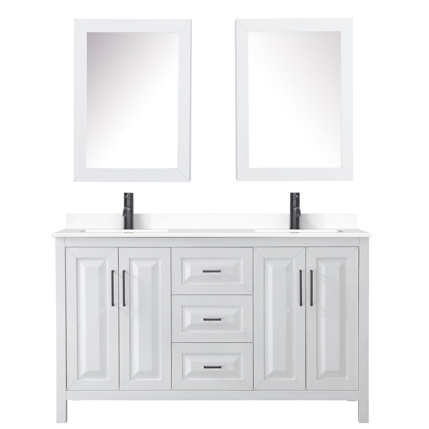 Daria 60" White Double Vanity, White Marble Top, Black Trim, Medicine Cabinets