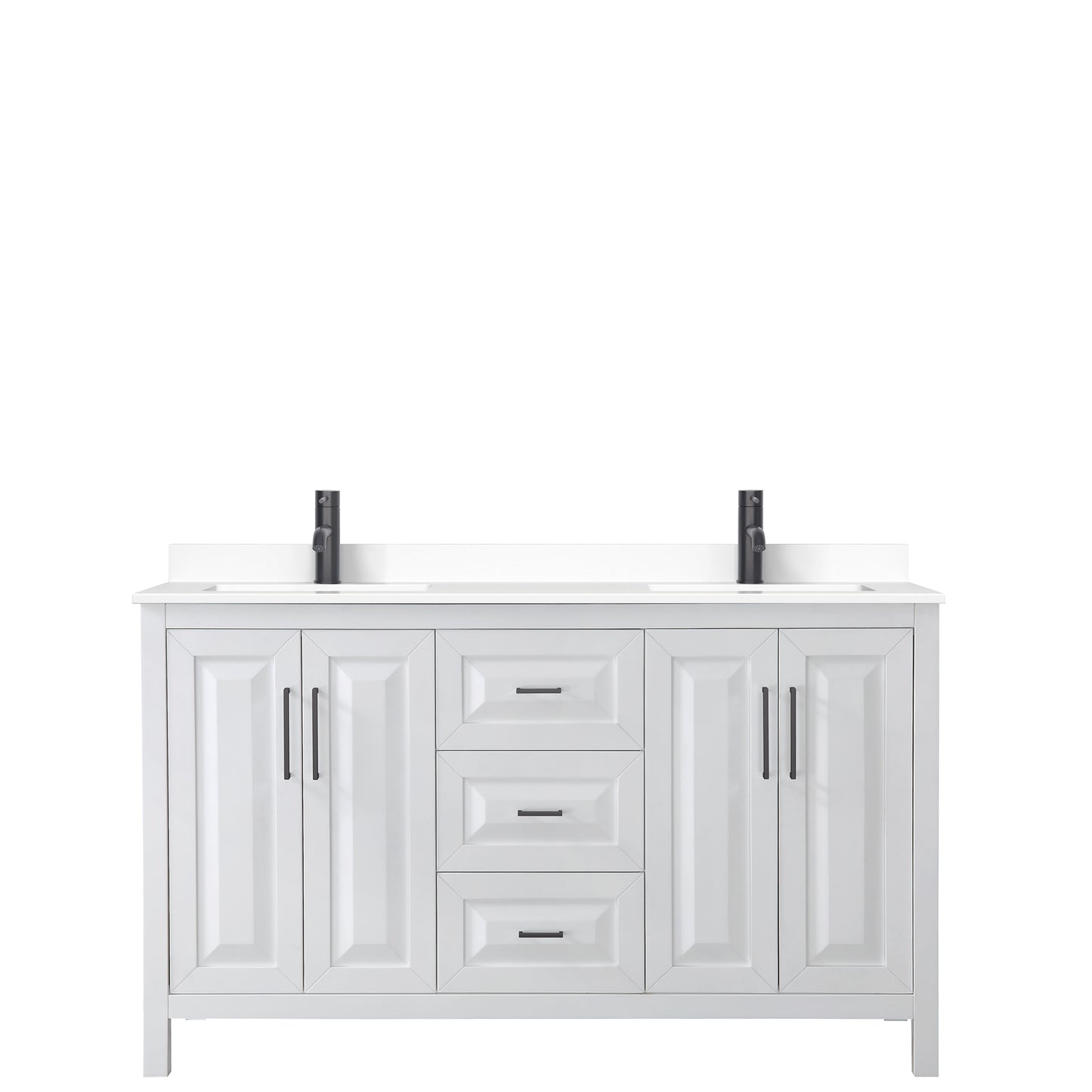 Daria 60" Double Vanity in White, White Cultured Marble Top, Black Trim