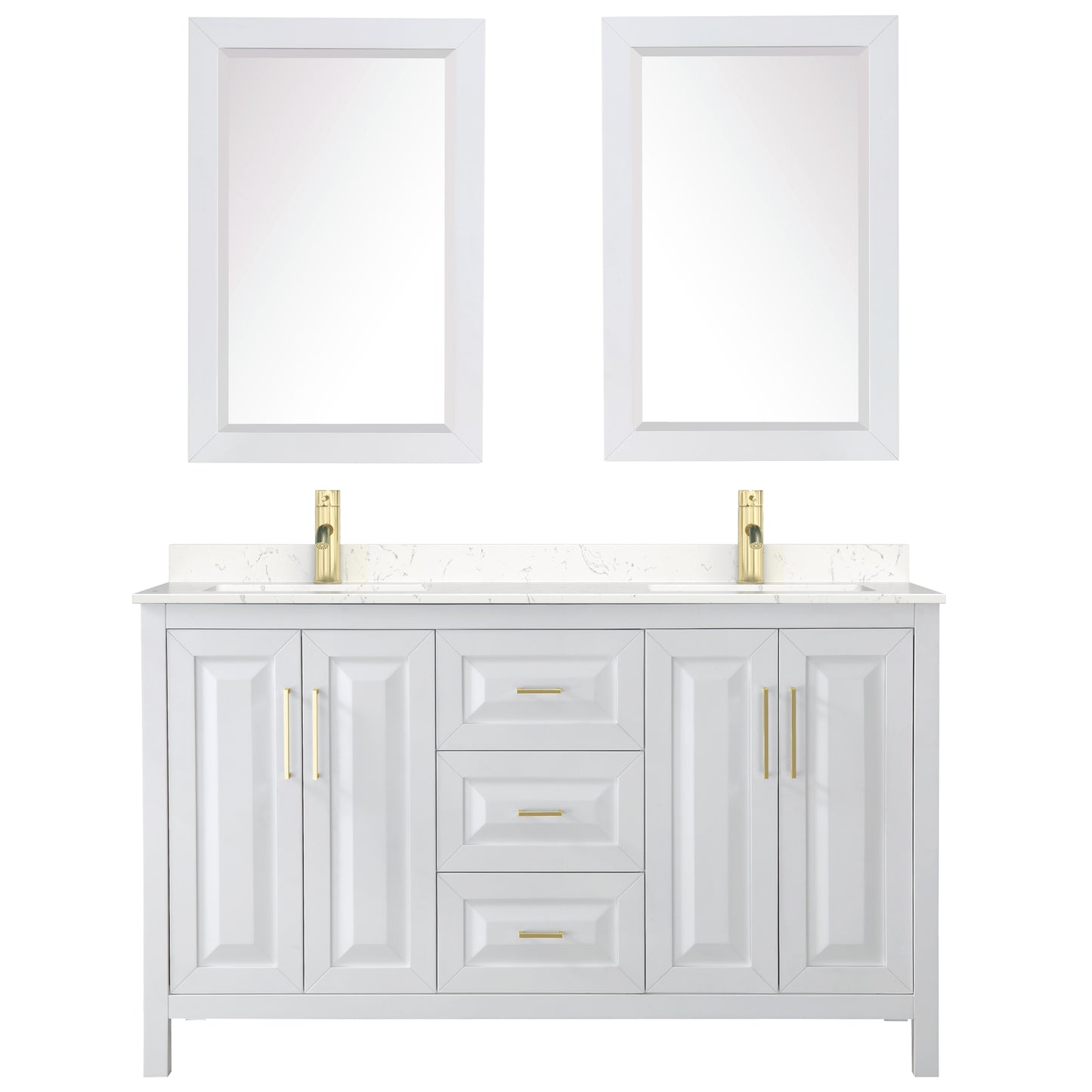 Daria 60" White Double Vanity, Carrara Marble Top, 24" Mirrors, Gold Trim
