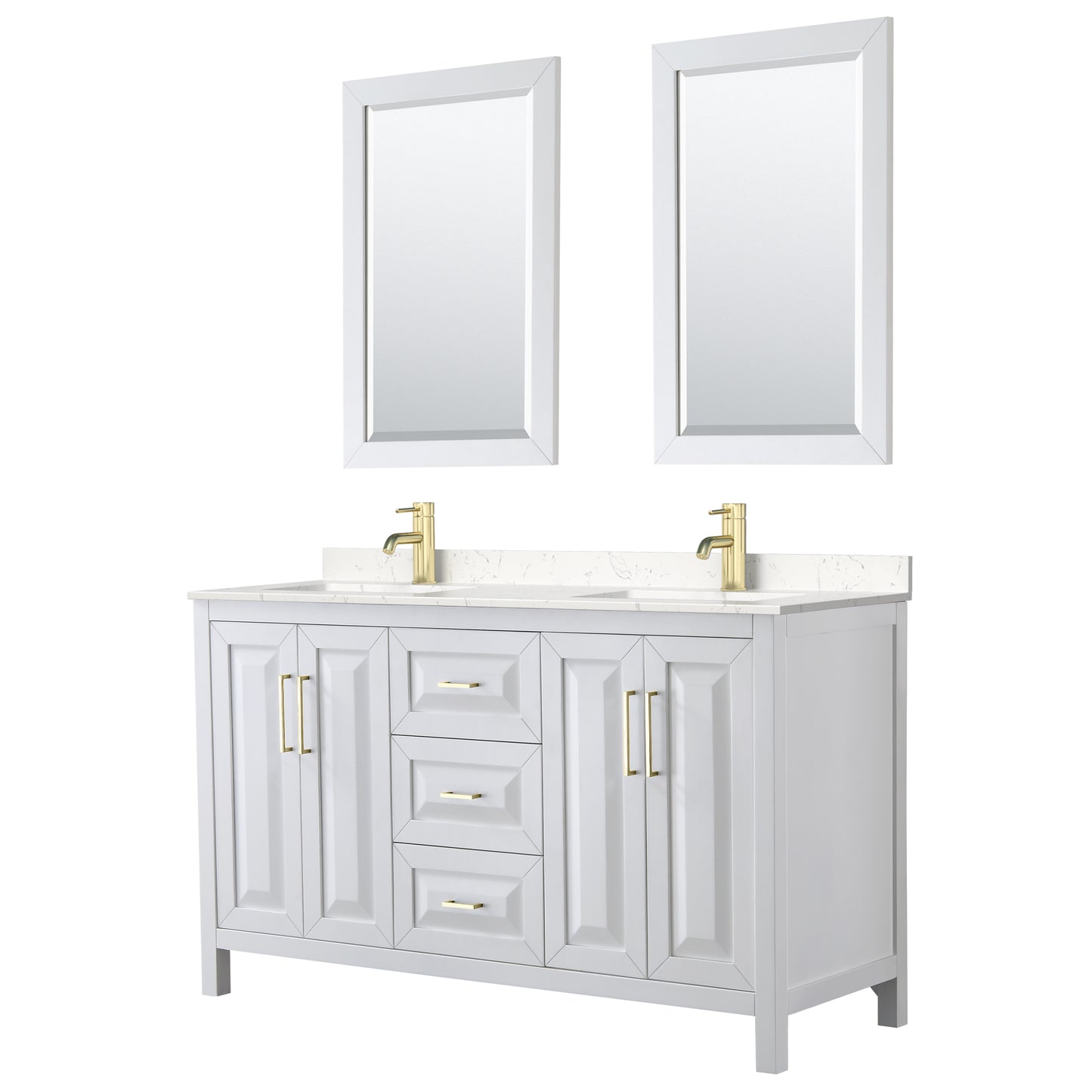 Daria 60" White Double Vanity, Carrara Marble Top, 24" Mirrors, Gold Trim