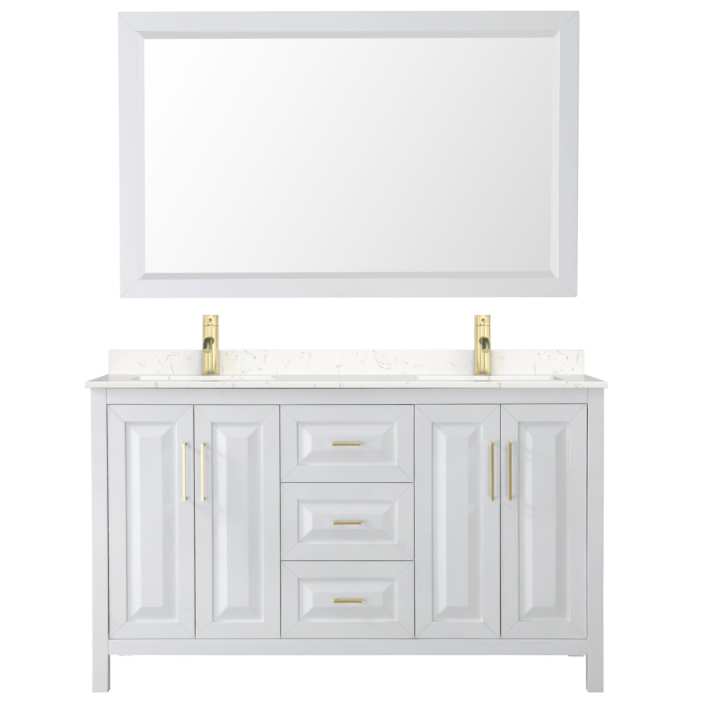 Daria 60" White Double Vanity, Carrara Marble Top, 58" Mirror, Brushed Gold Trim