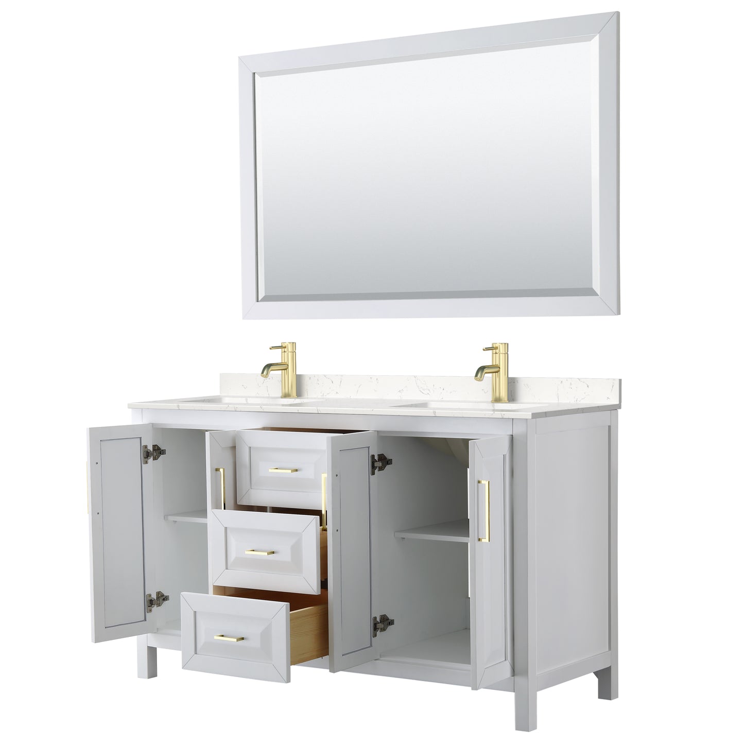 Daria 60" White Double Vanity, Carrara Marble Top, 58" Mirror, Brushed Gold Trim