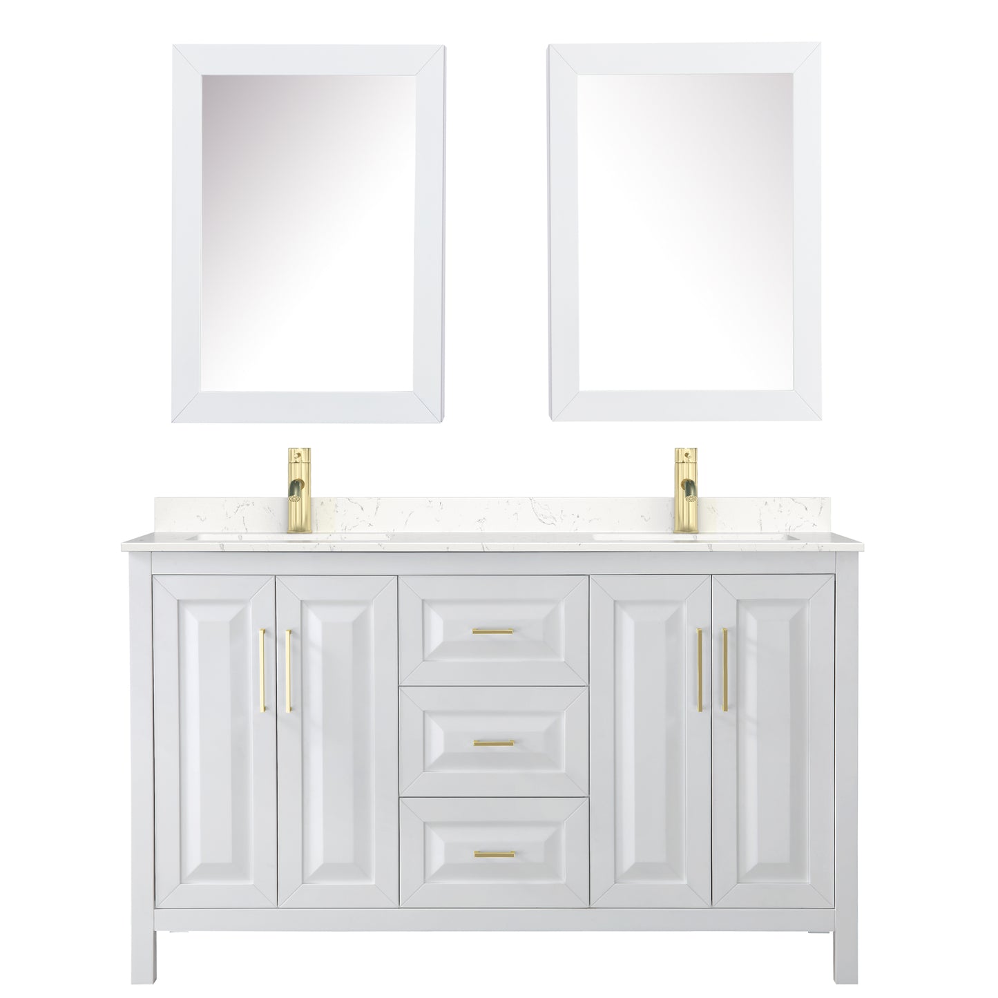 Daria 60" White Double Vanity, Carrara Marble Top, Medicine Cabinets, Gold Trim