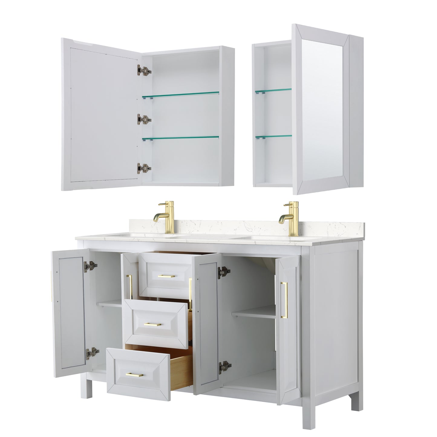 Daria 60" White Double Vanity, Carrara Marble Top, Medicine Cabinets, Gold Trim