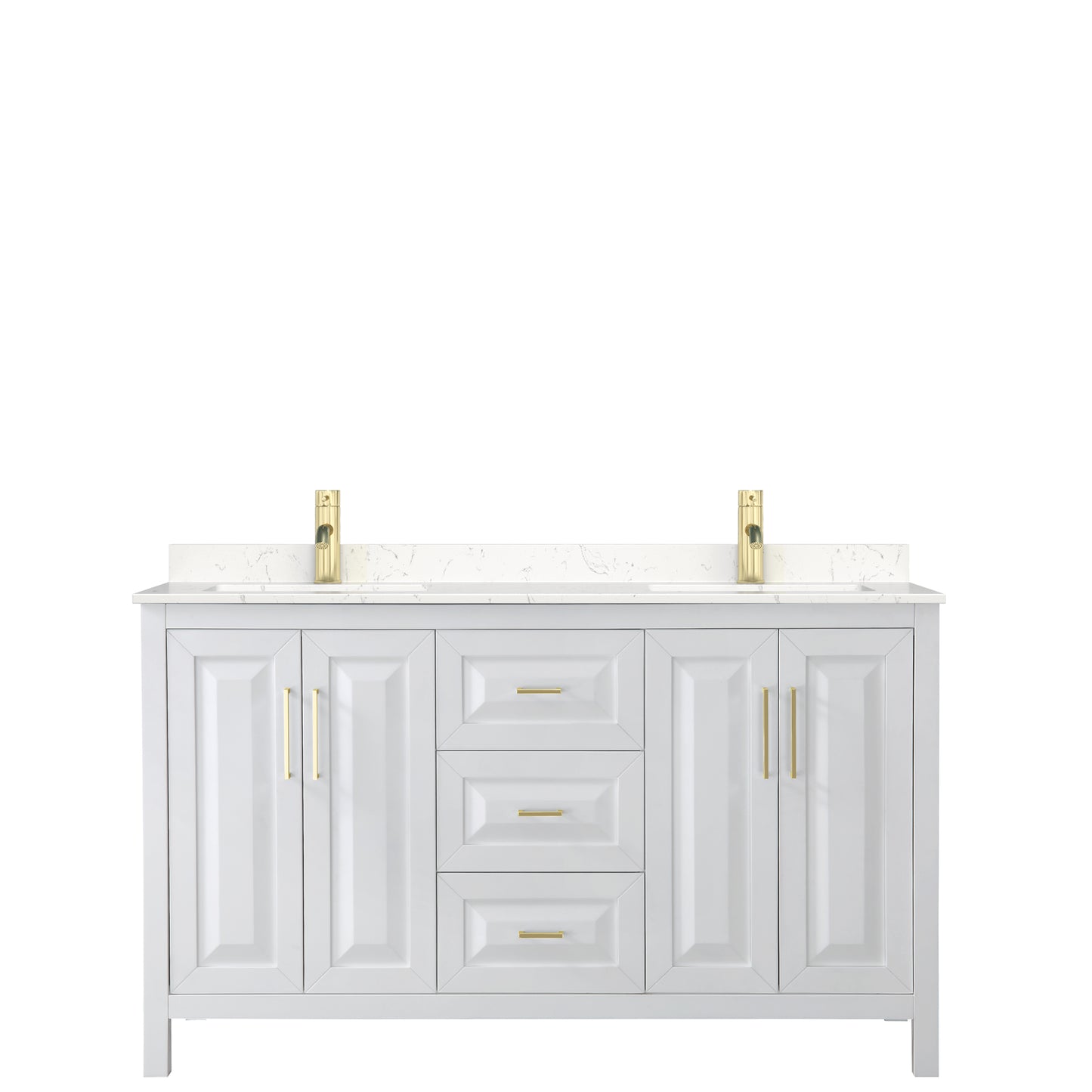 Daria 60" Double Vanity in White, Carrara Cultured Marble Top, Gold Trim