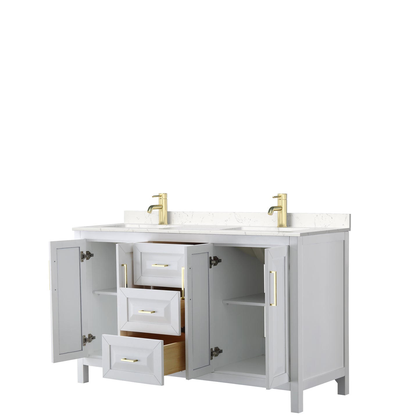 Daria 60" Double Vanity in White, Carrara Cultured Marble Top, Gold Trim