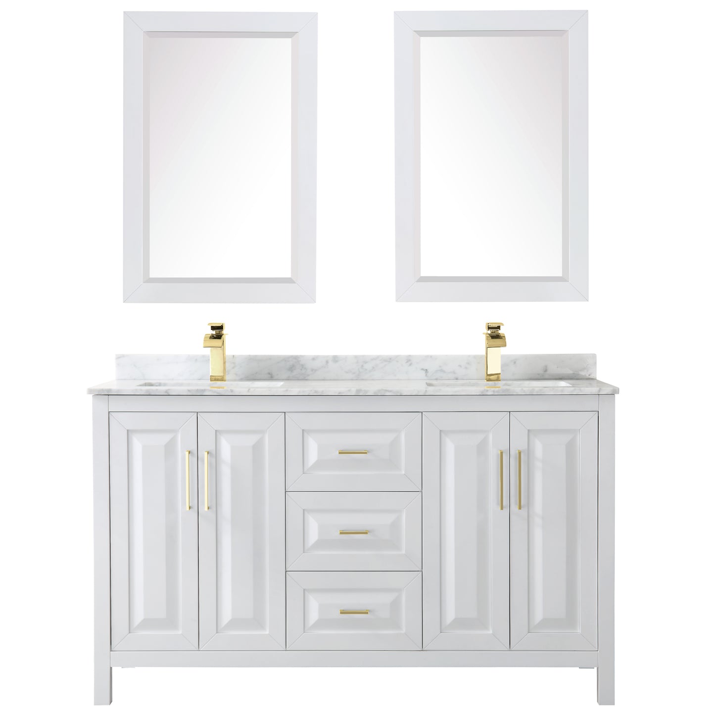 Daria 60" Double Vanity in White, Top, Square 24" Mirrors, Brushed Gold Trim