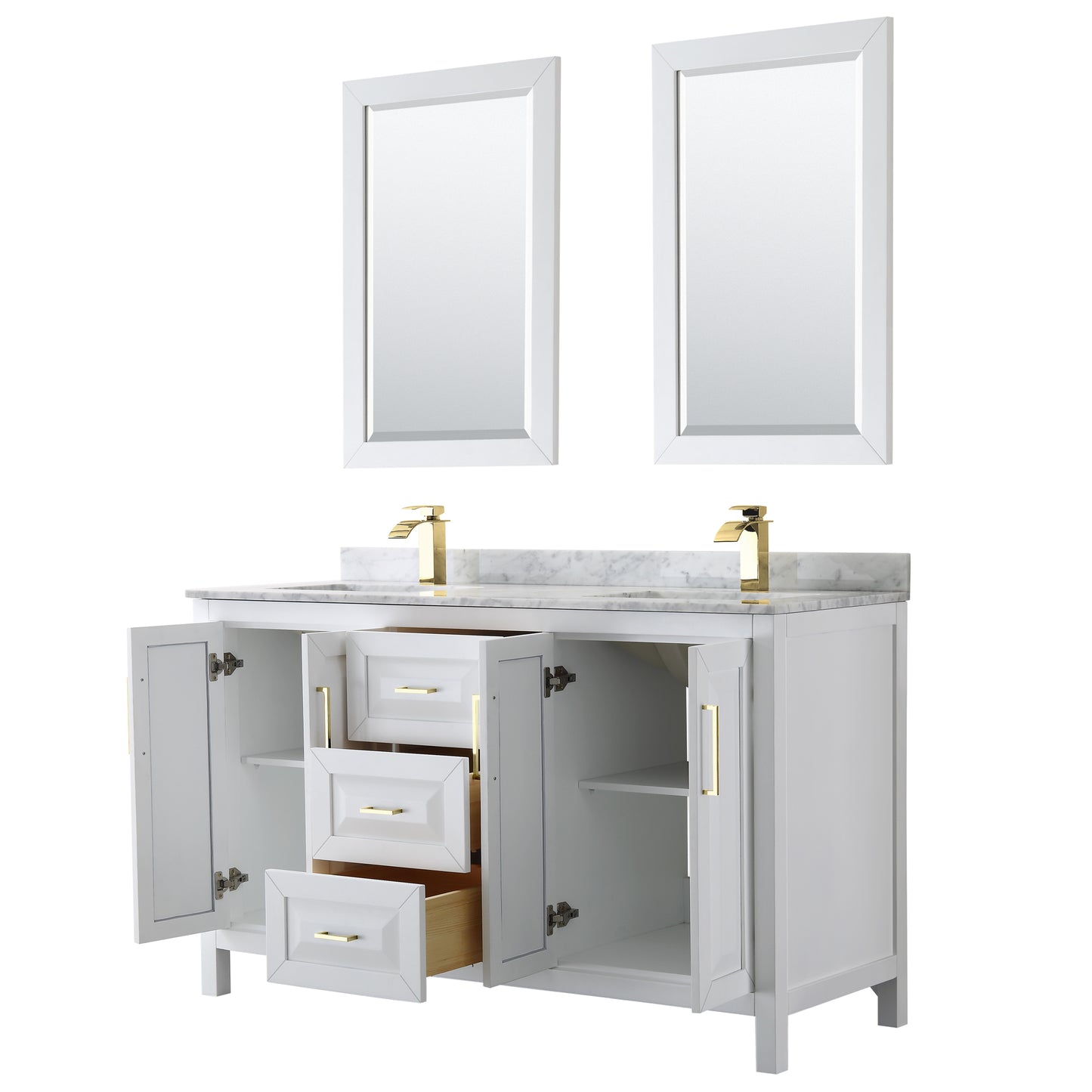 Daria 60" Double Vanity in White, Top, Square 24" Mirrors, Brushed Gold Trim