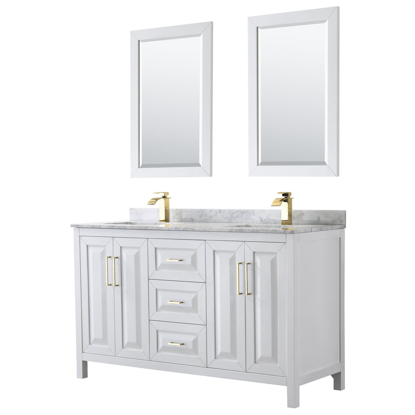 Daria 60" Double Vanity in White, Top, Square 24" Mirrors, Brushed Gold Trim