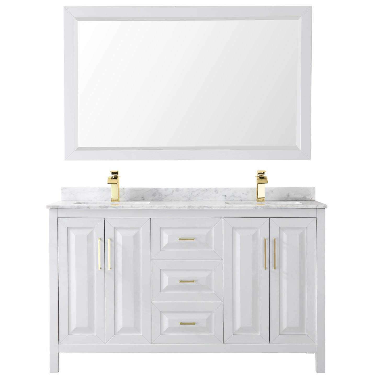 Daria 60" Double Vanity in White, Top, Square 58" Mirror, Brushed Gold Trim