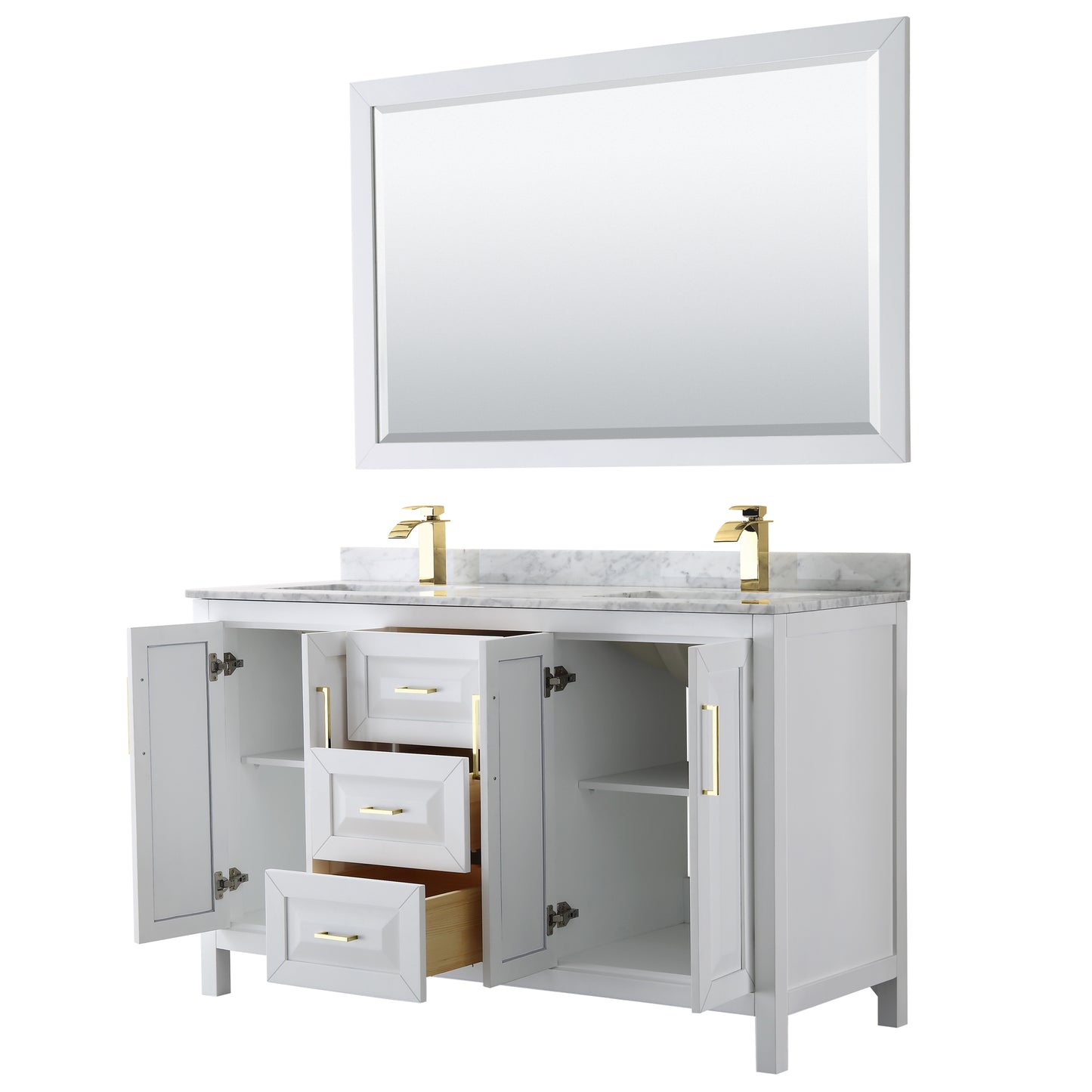 Daria 60" Double Vanity in White, Top, Square 58" Mirror, Brushed Gold Trim