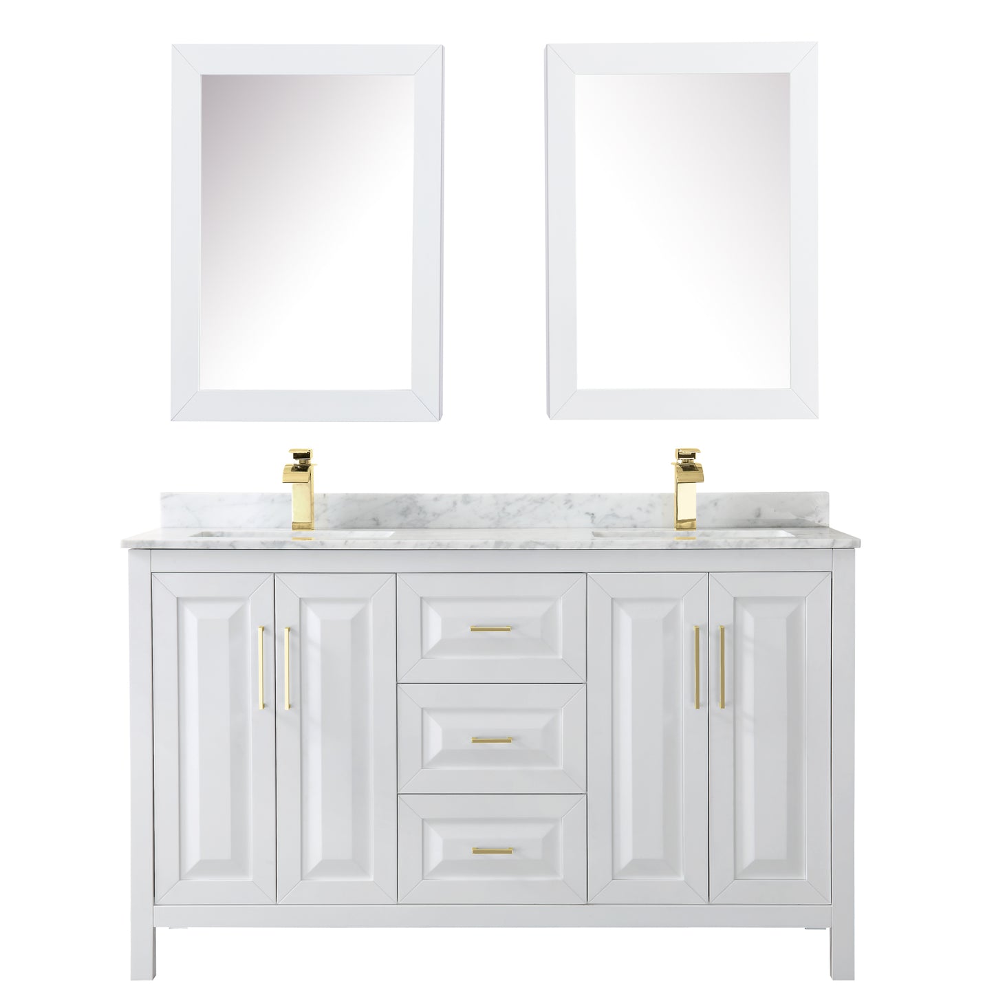 Daria 60" Double Vanity in White, Top, Medicine Cabinets, Brushed Gold Trim