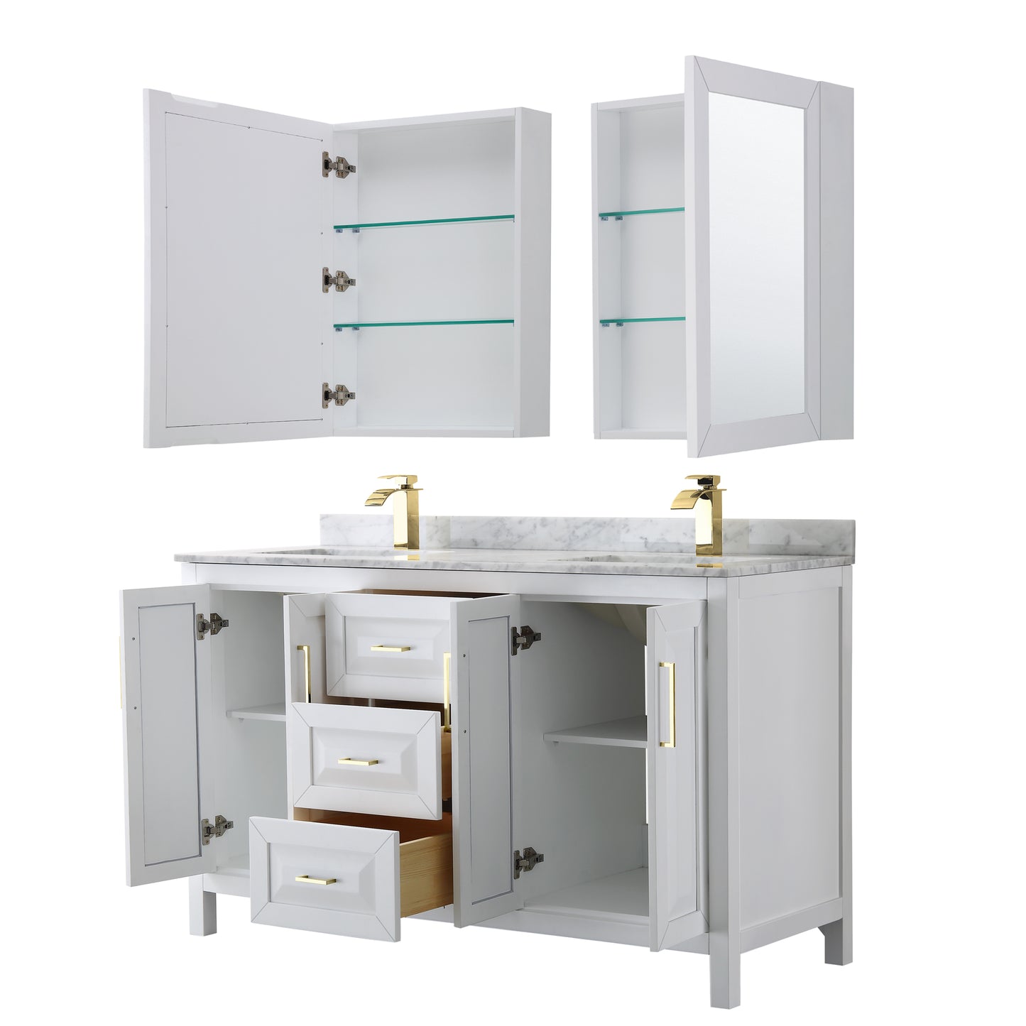 Daria 60" Double Vanity in White, Top, Medicine Cabinets, Brushed Gold Trim