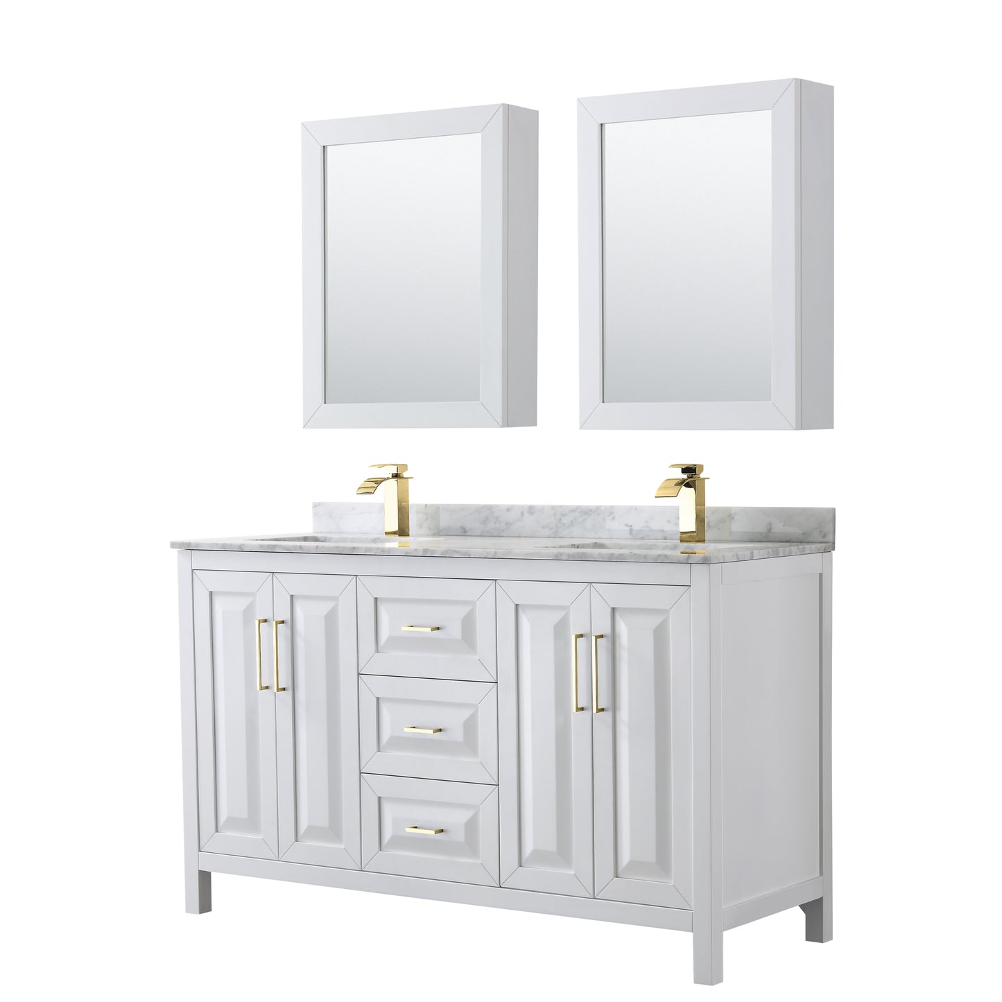 Daria 60" Double Vanity in White, Top, Medicine Cabinets, Brushed Gold Trim