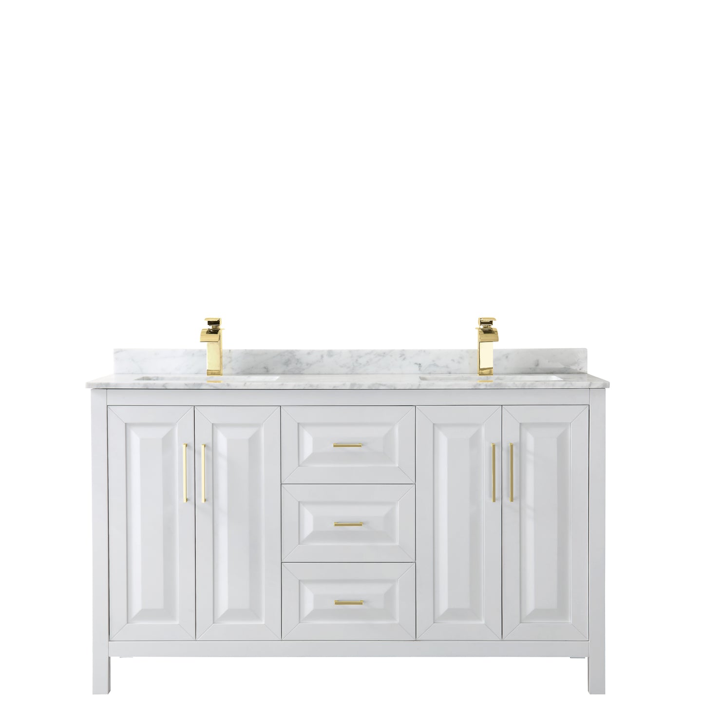 Daria 60" Double Vanity in White, Top, Square Sinks, Brushed Gold Trim