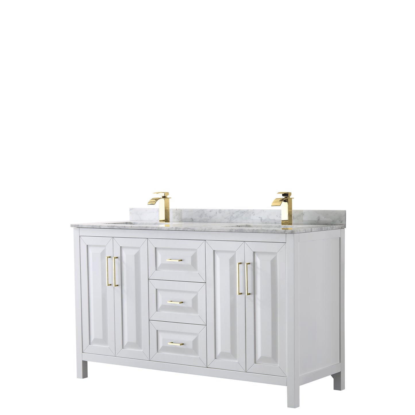 Daria 60" Double Vanity in White, Top, Square Sinks, Brushed Gold Trim