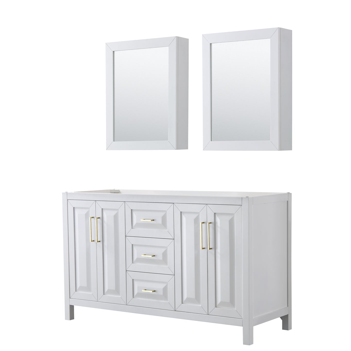 Daria 60" Double Vanity in White, No Top, Medicine Cabinets, Brushed Gold Trim