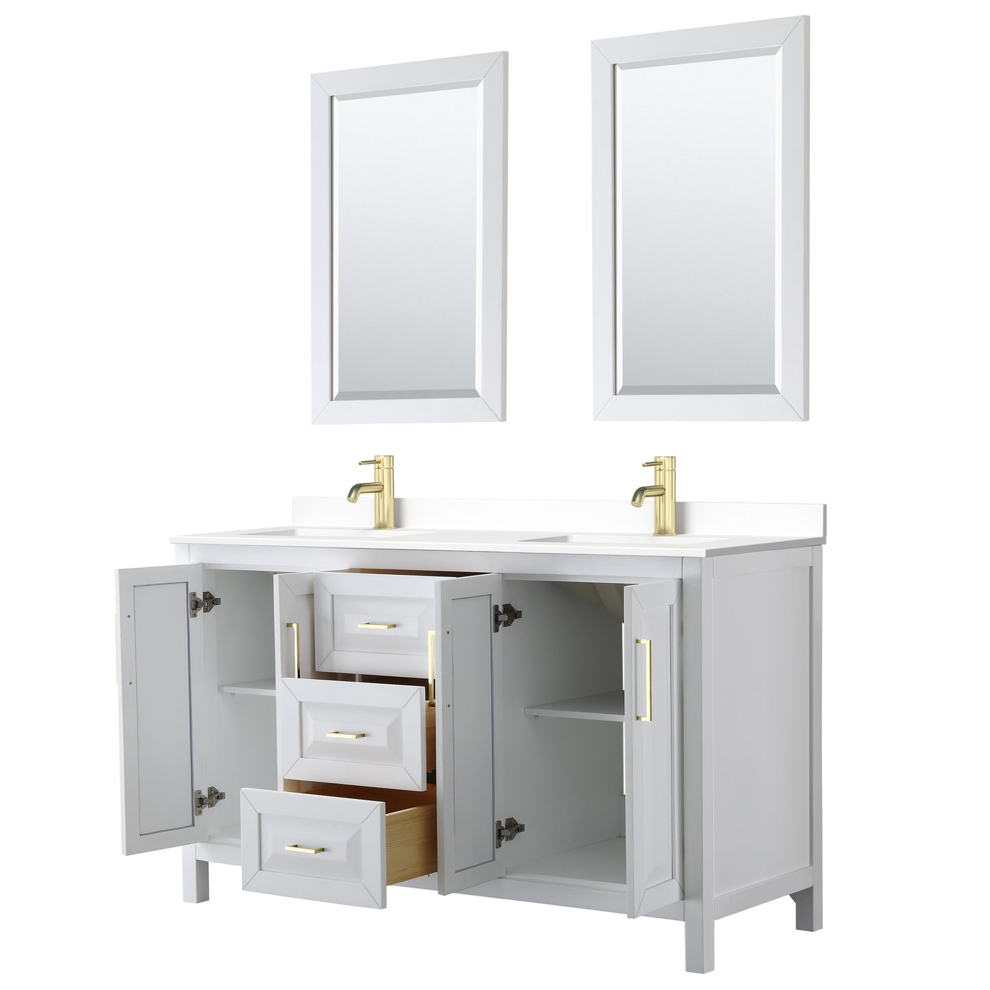 Daria 60" White Double Vanity, White Marble Top, 24" Mirrors, Brushed Gold Trim