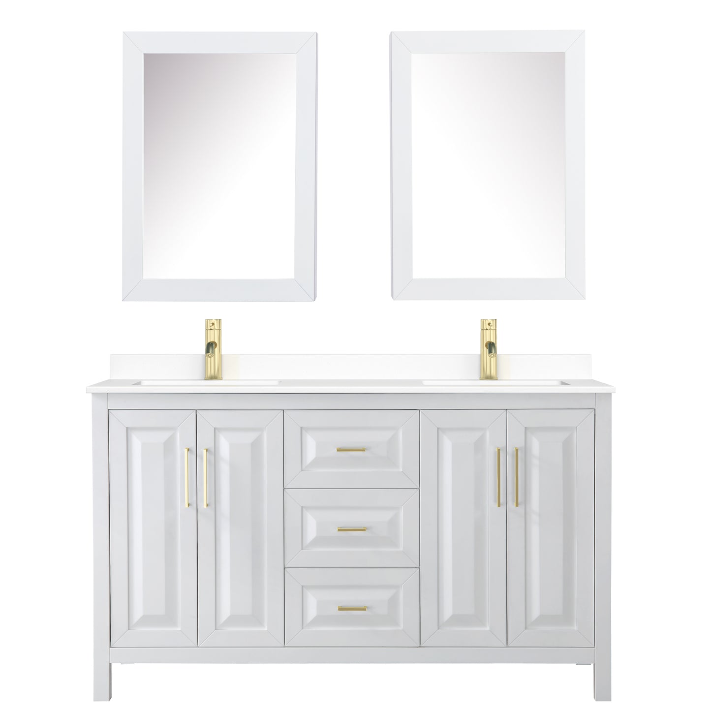 Daria 60" White Double Vanity, White Marble Top, Medicine Cabinets, Gold Trim