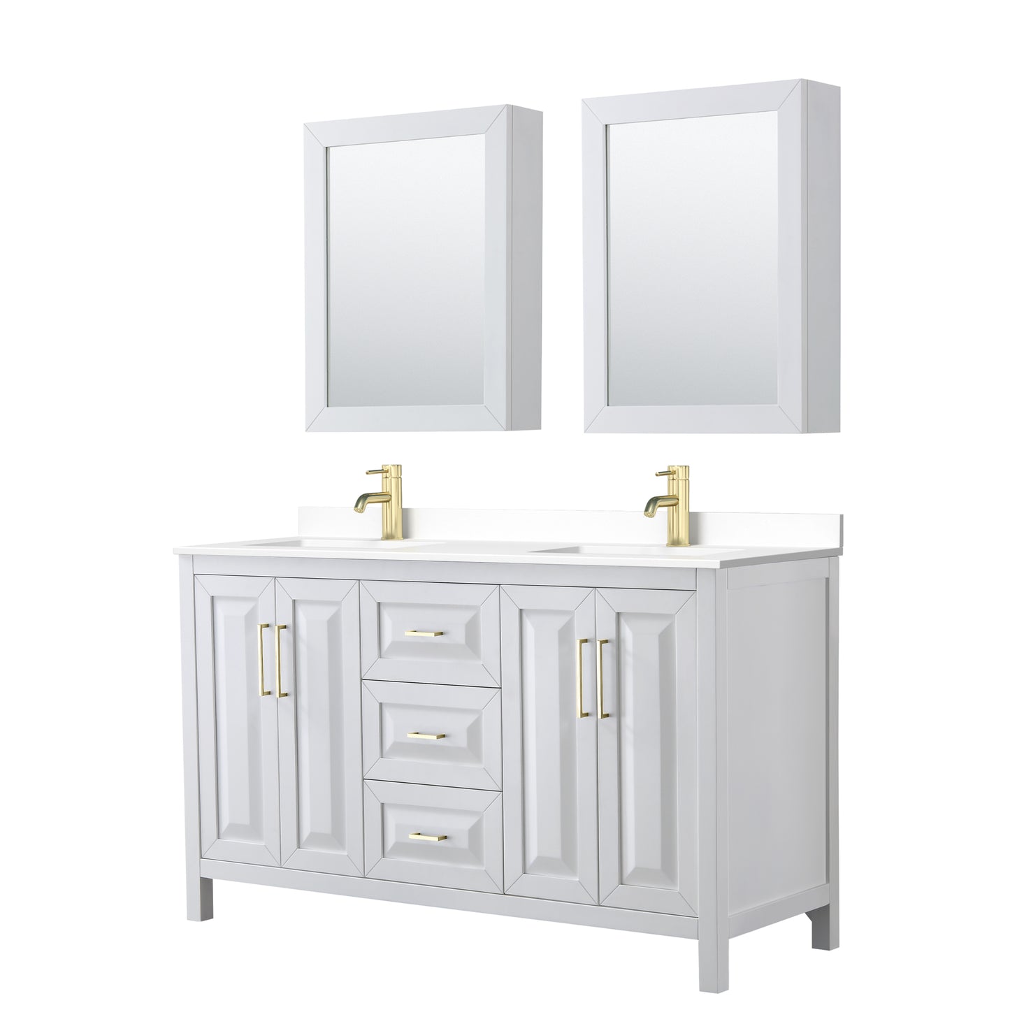 Daria 60" White Double Vanity, White Marble Top, Medicine Cabinets, Gold Trim