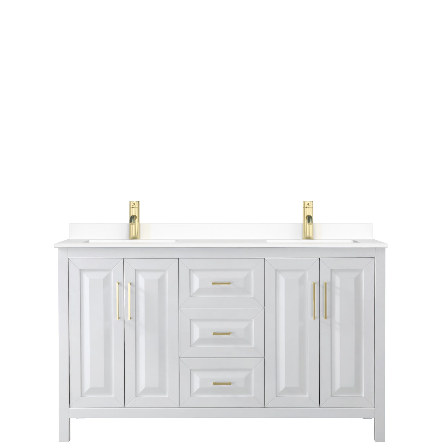 Daria 60" Double Vanity in White, White Cultured Marble Top, Gold Trim