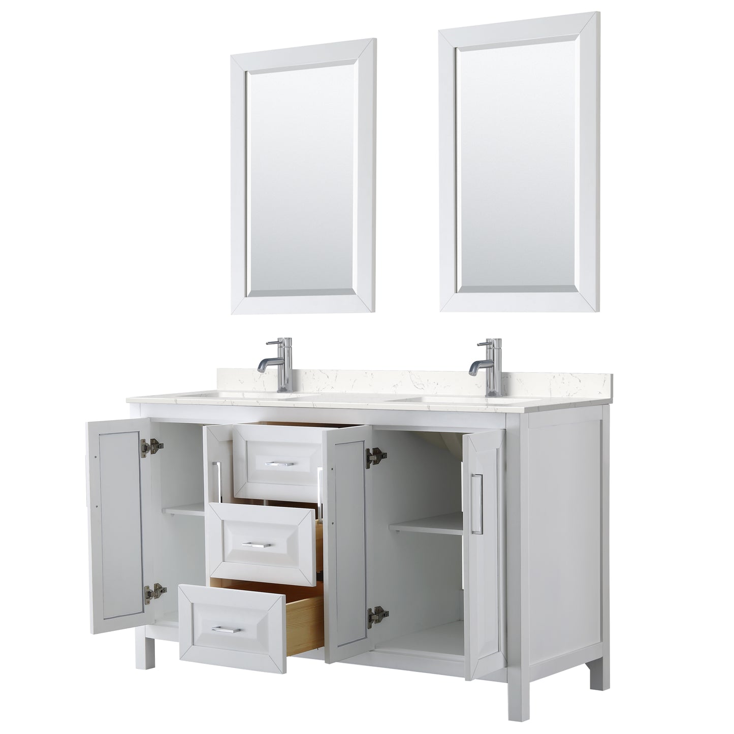 Daria 60" Double Vanity in White, Carrara Cultured Marble Top, 24" Mirrors