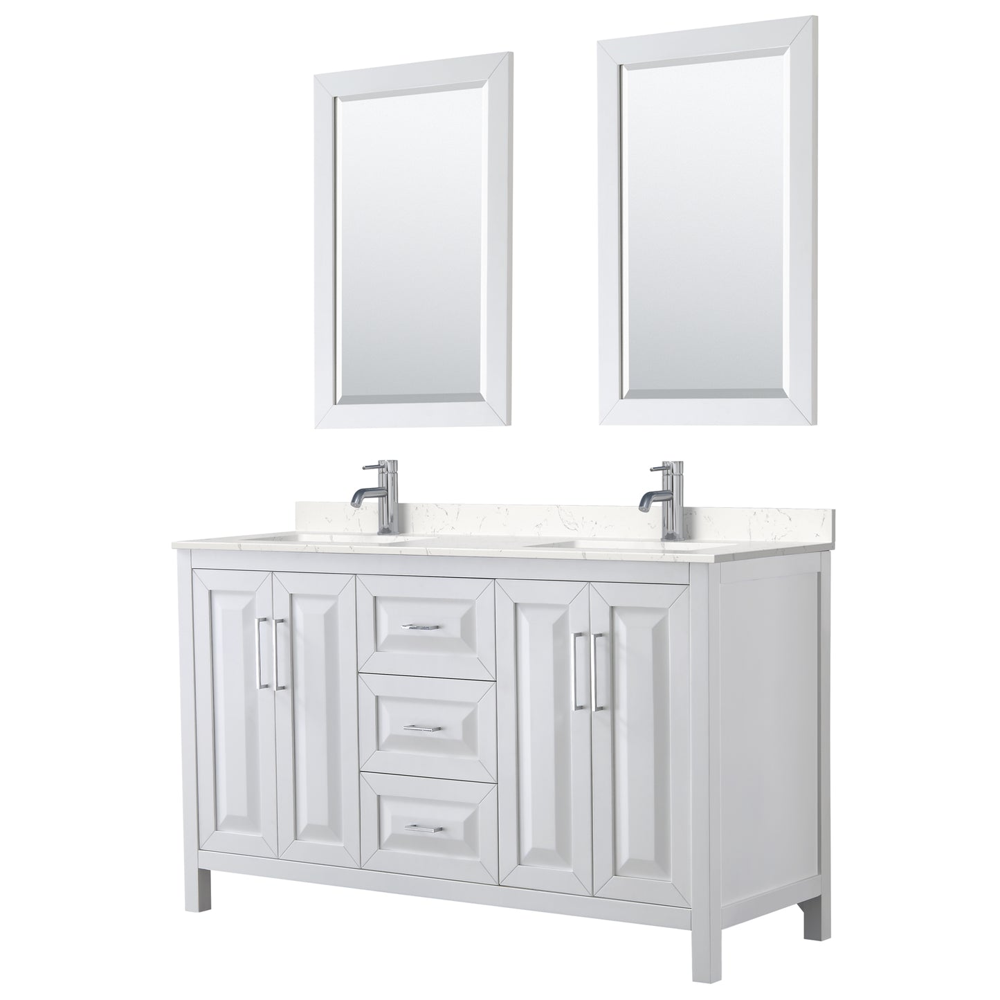 Daria 60" Double Vanity in White, Carrara Cultured Marble Top, 24" Mirrors
