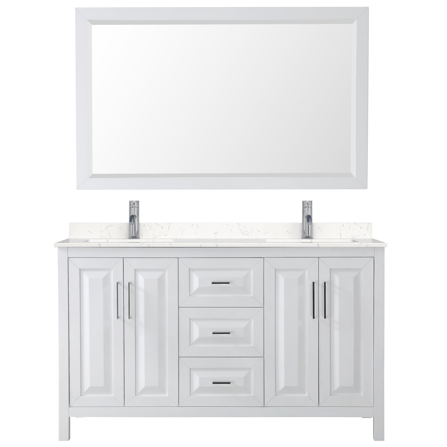Daria 60" Double Vanity in White, Carrara Cultured Marble Top, Sinks, 58" Mirror