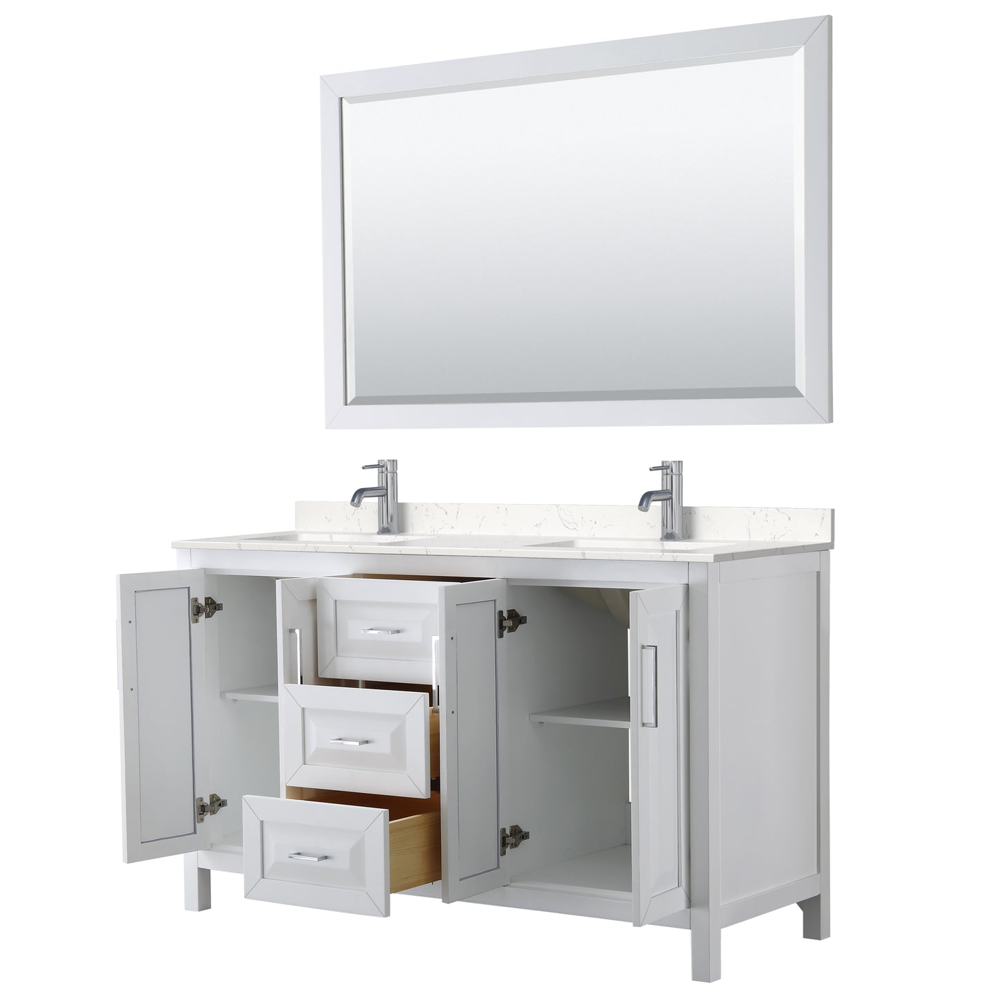 Daria 60" Double Vanity in White, Carrara Cultured Marble Top, Sinks, 58" Mirror