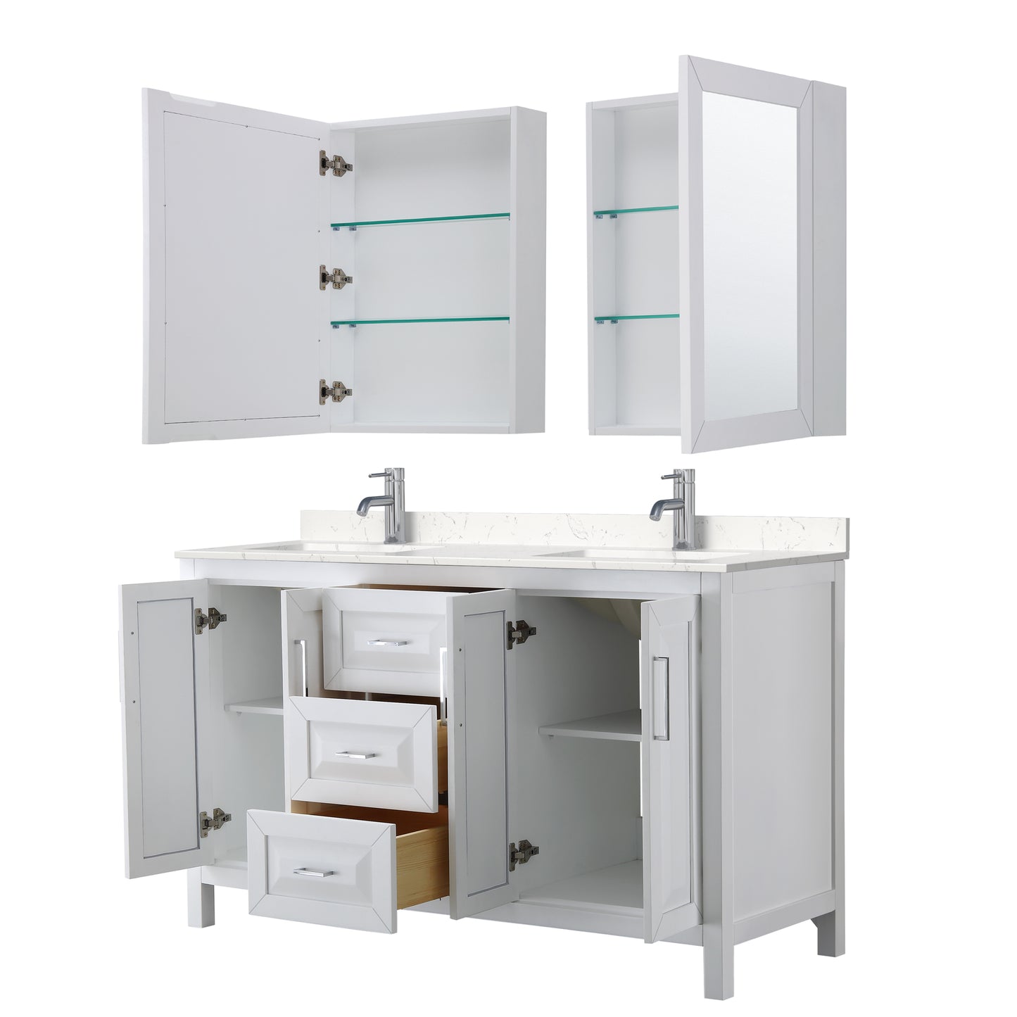 Daria 60" Double Vanity in White, Carrara Cultured Marble Top, Medicine Cabinets